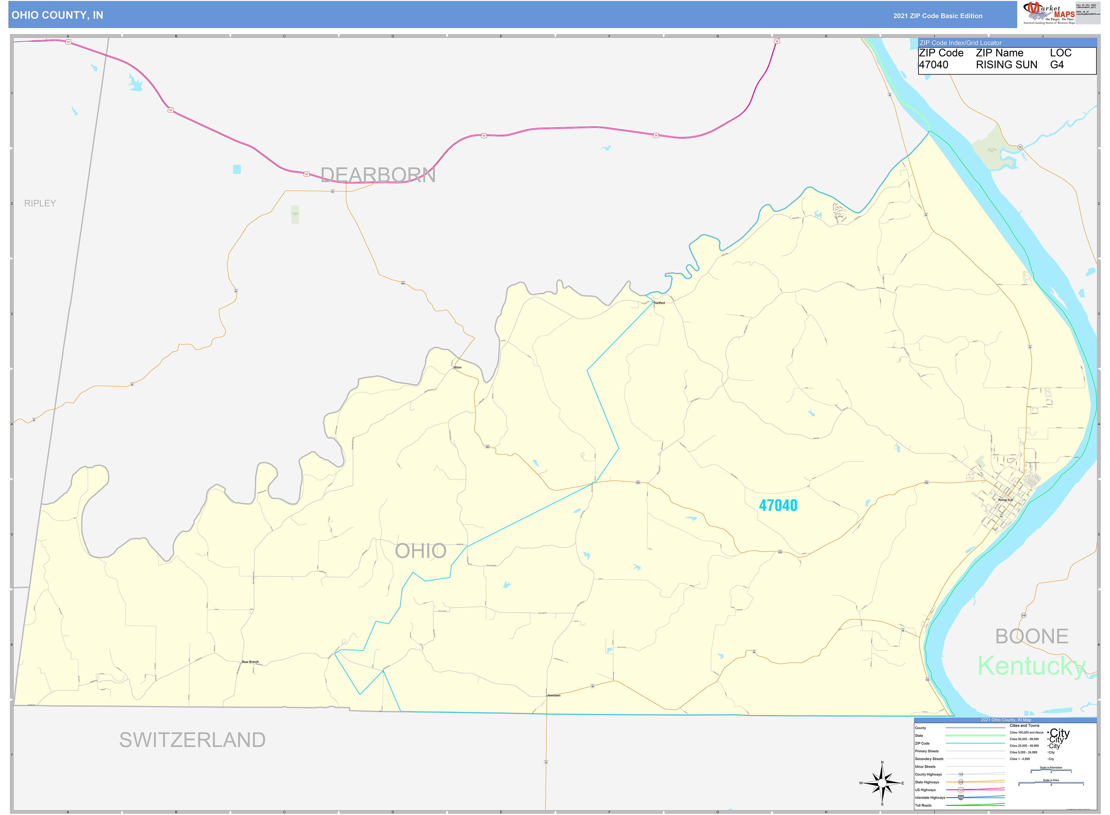 Ohio County, IN Zip Code Wall Map Basic Style by MarketMAPS - MapSales