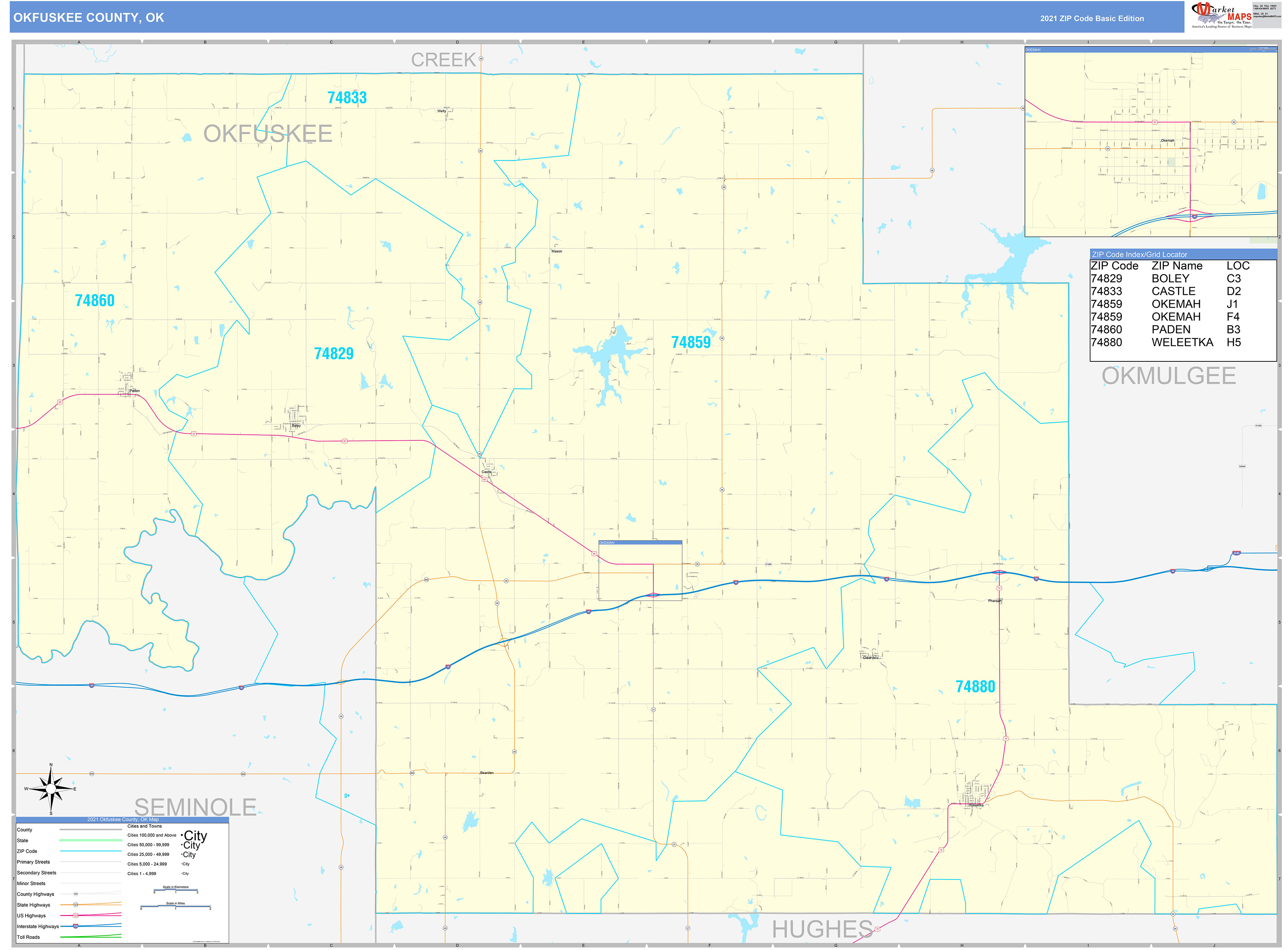 Okfuskee County, OK Zip Code Wall Map Basic Style by MarketMAPS - MapSales