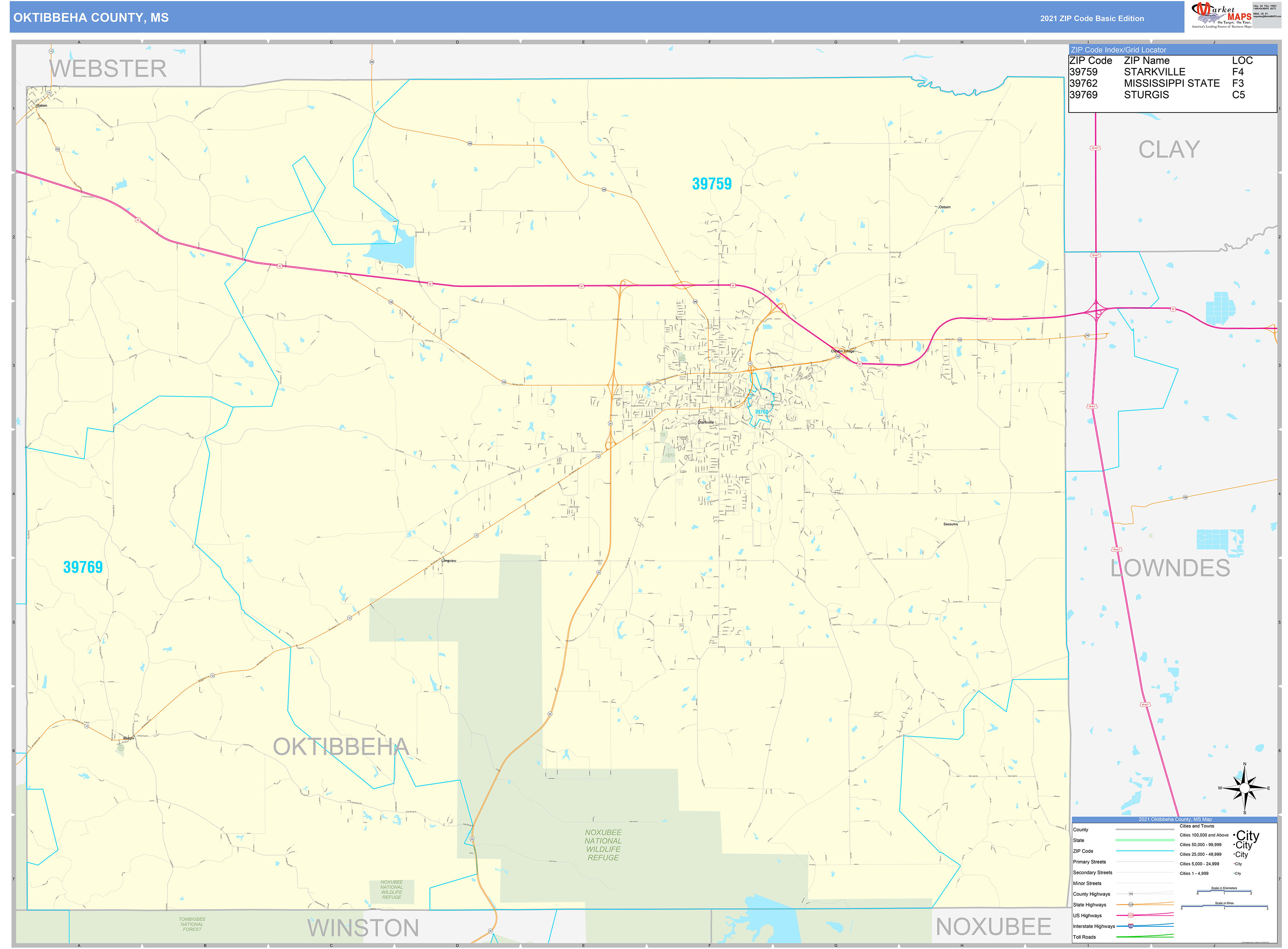 Oktibbeha County, MS Zip Code Wall Map Basic Style by MarketMAPS