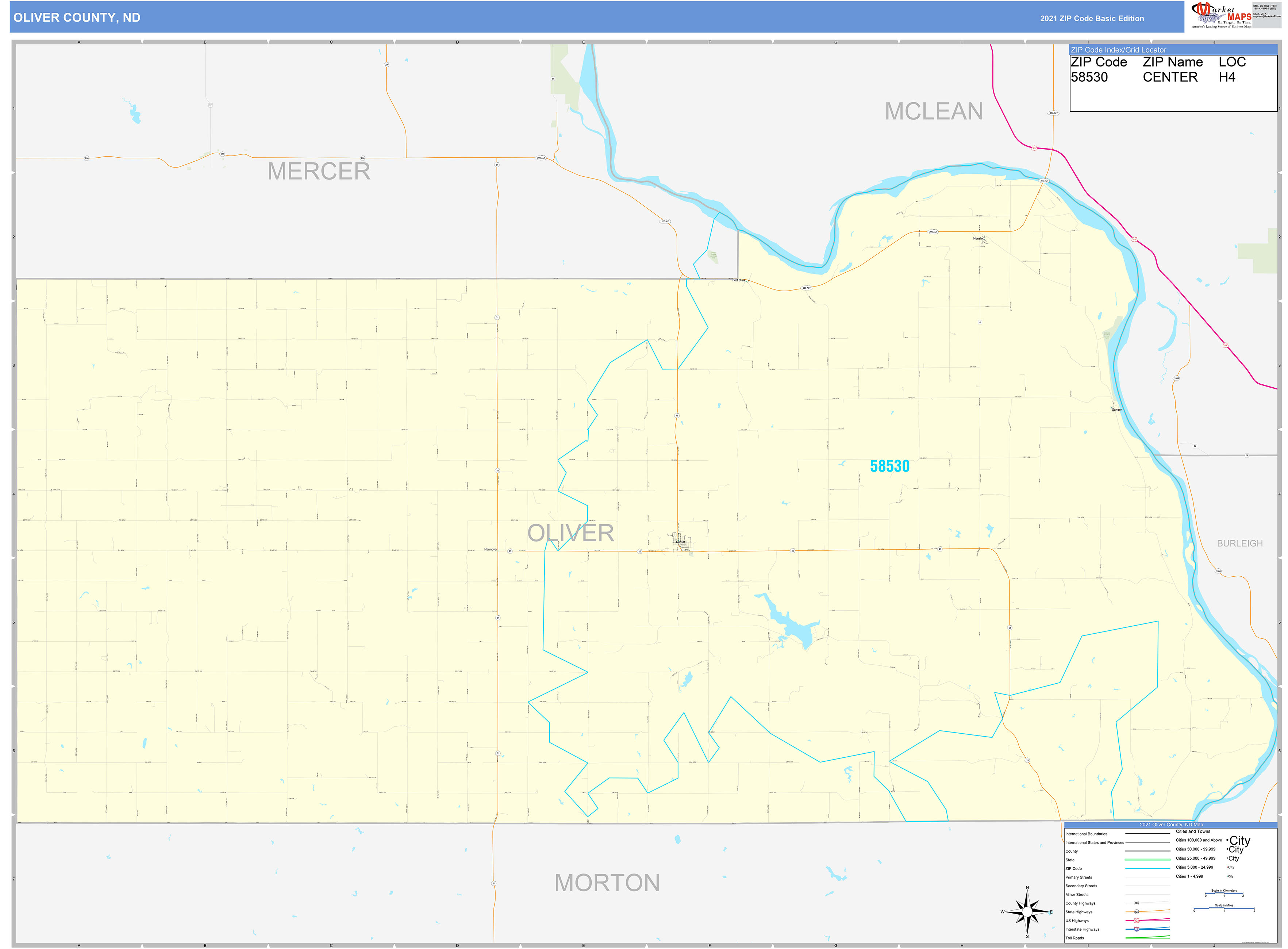 Oliver County, ND Zip Code Wall Map Basic Style by MarketMAPS MapSales