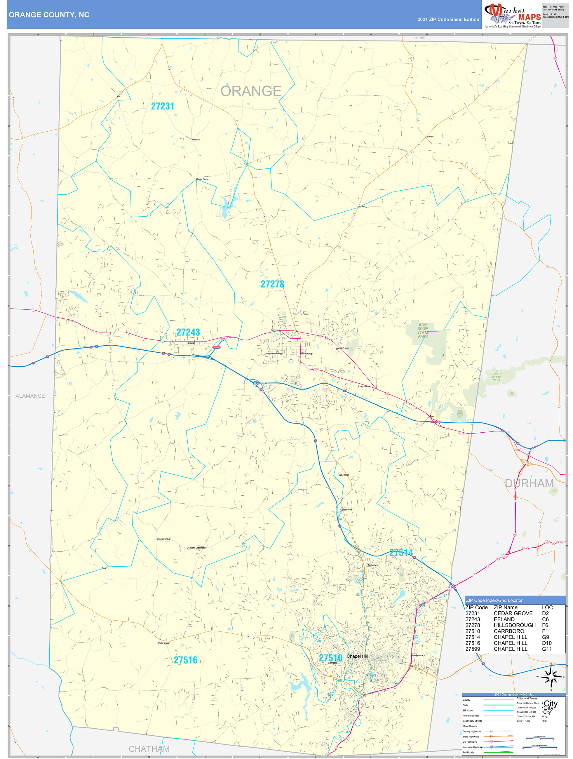 Orange County, NC Zip Code Wall Map Basic Style by MarketMAPS