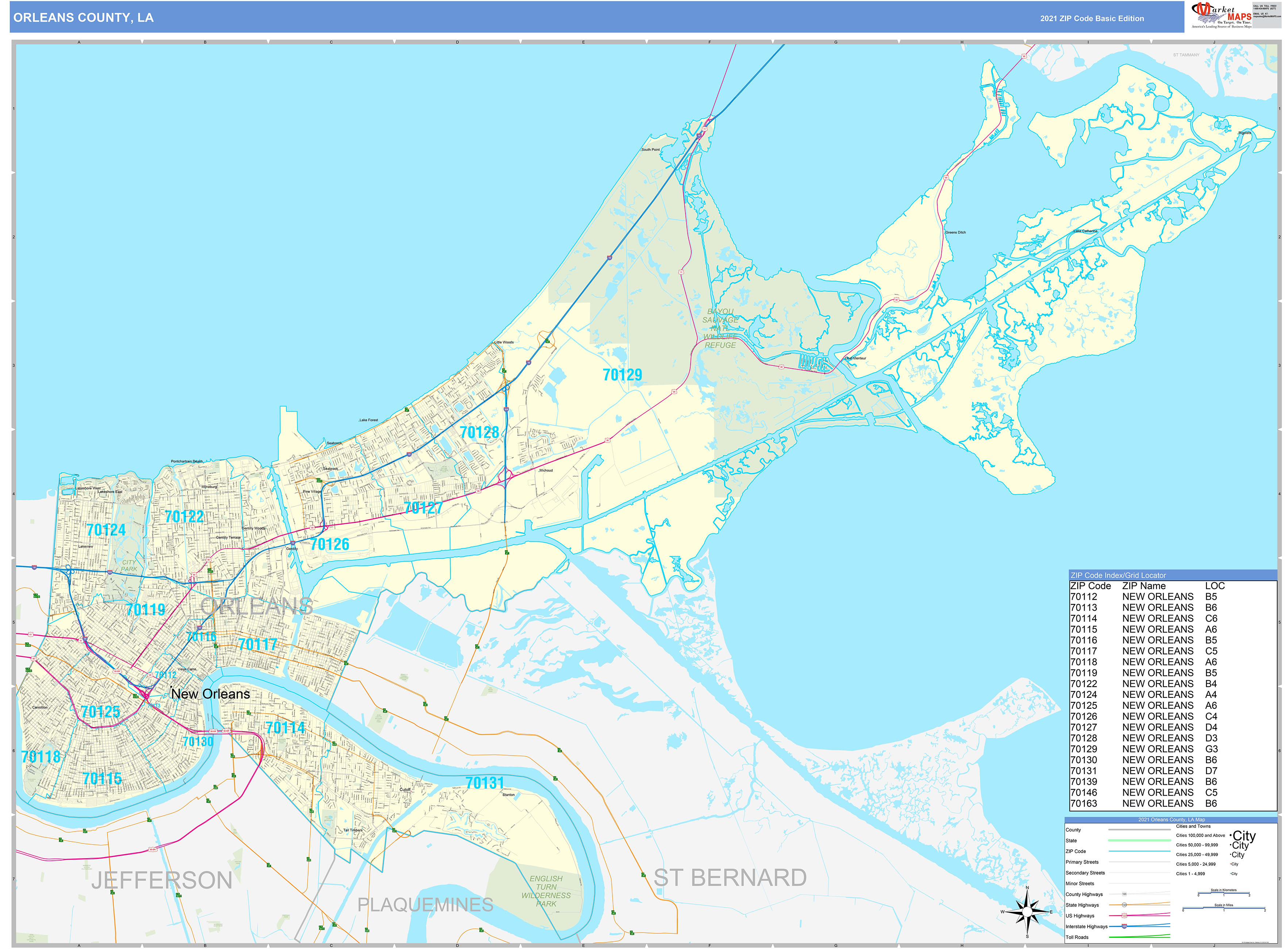 Orleans County, LA Zip Code Wall Map Basic Style by MarketMAPS