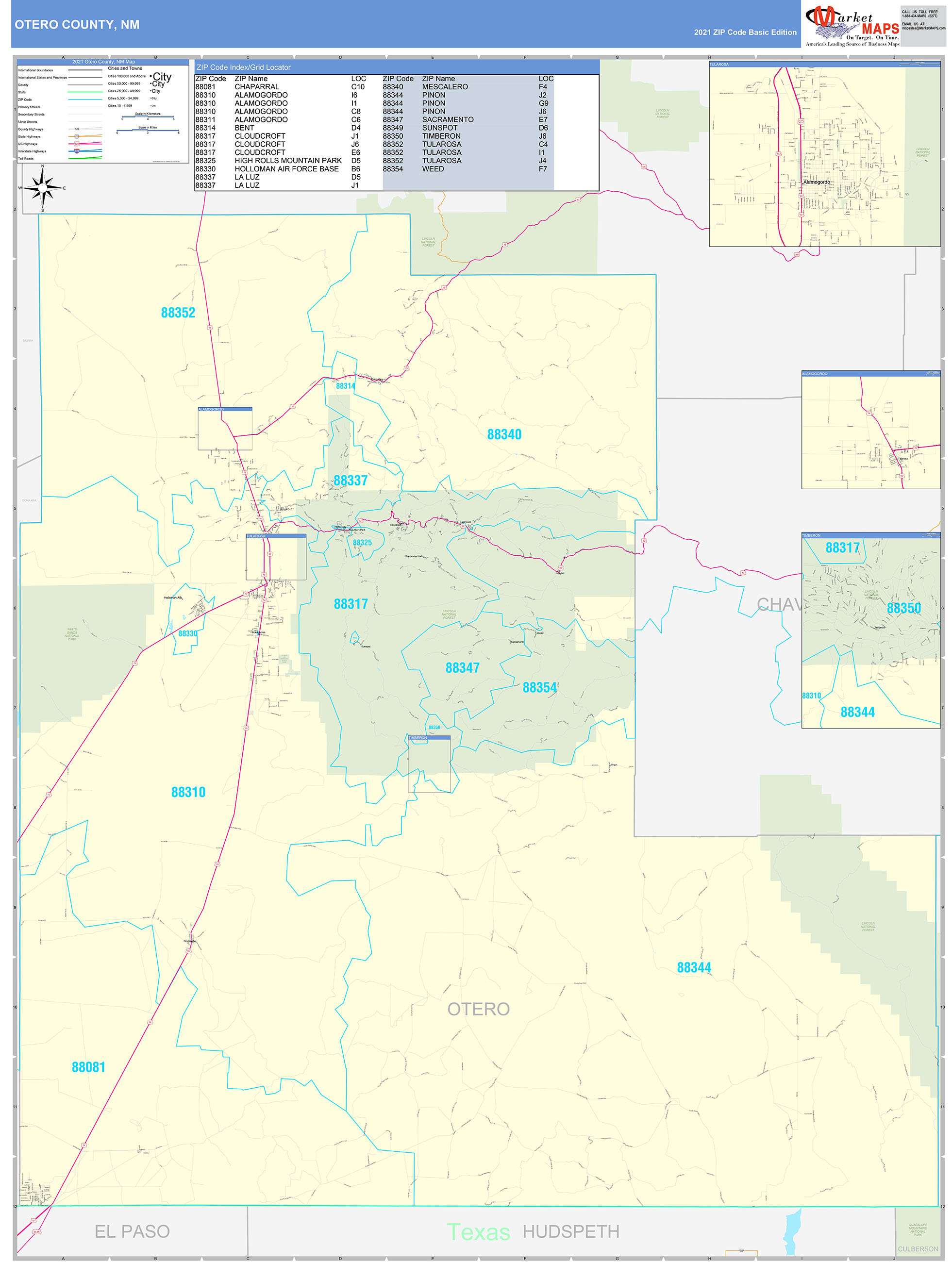 Otero County, NM Zip Code Wall Map Basic Style by MarketMAPS MapSales