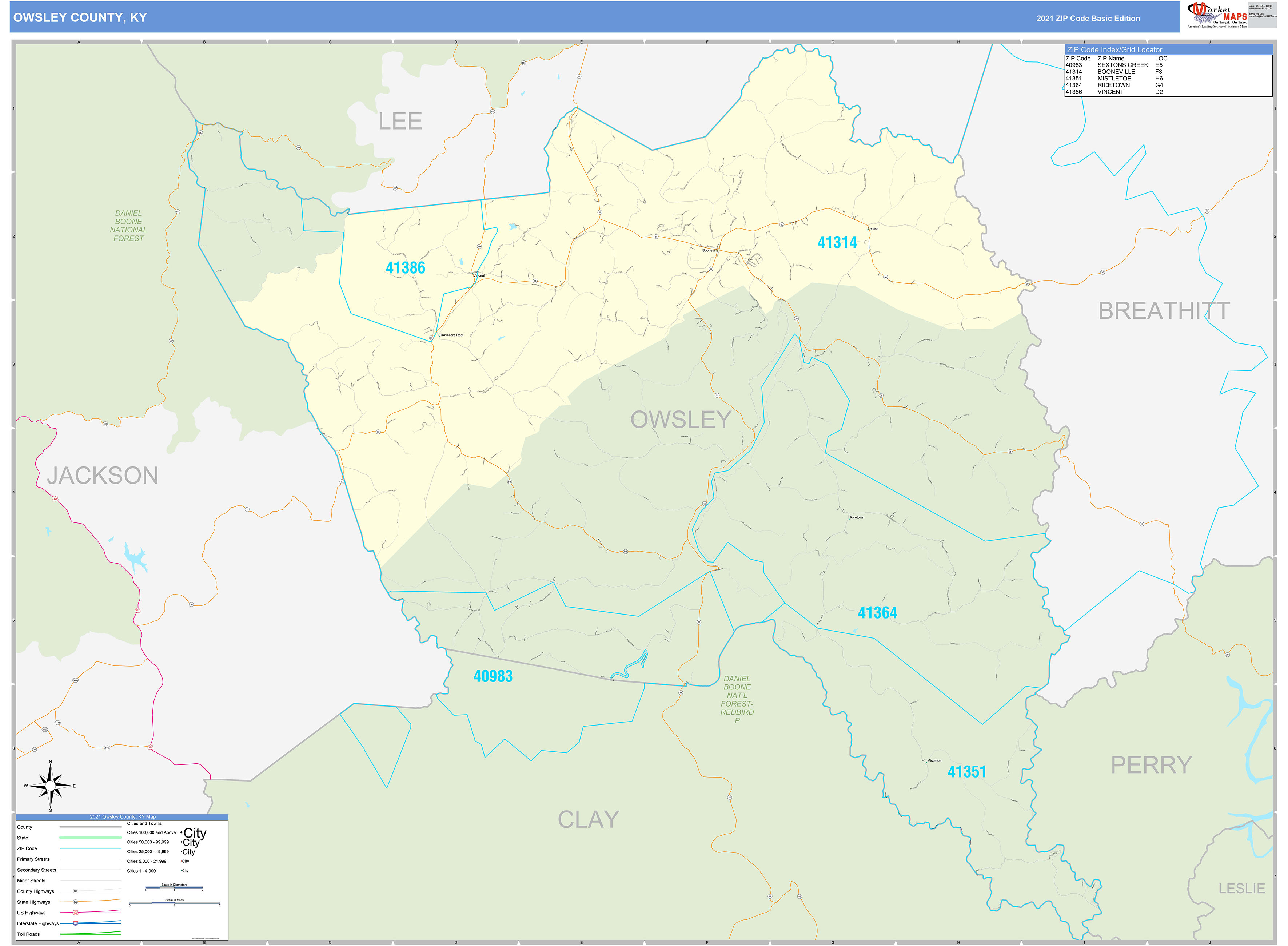 Owsley County, KY Zip Code Wall Map Basic Style by MarketMAPS ...