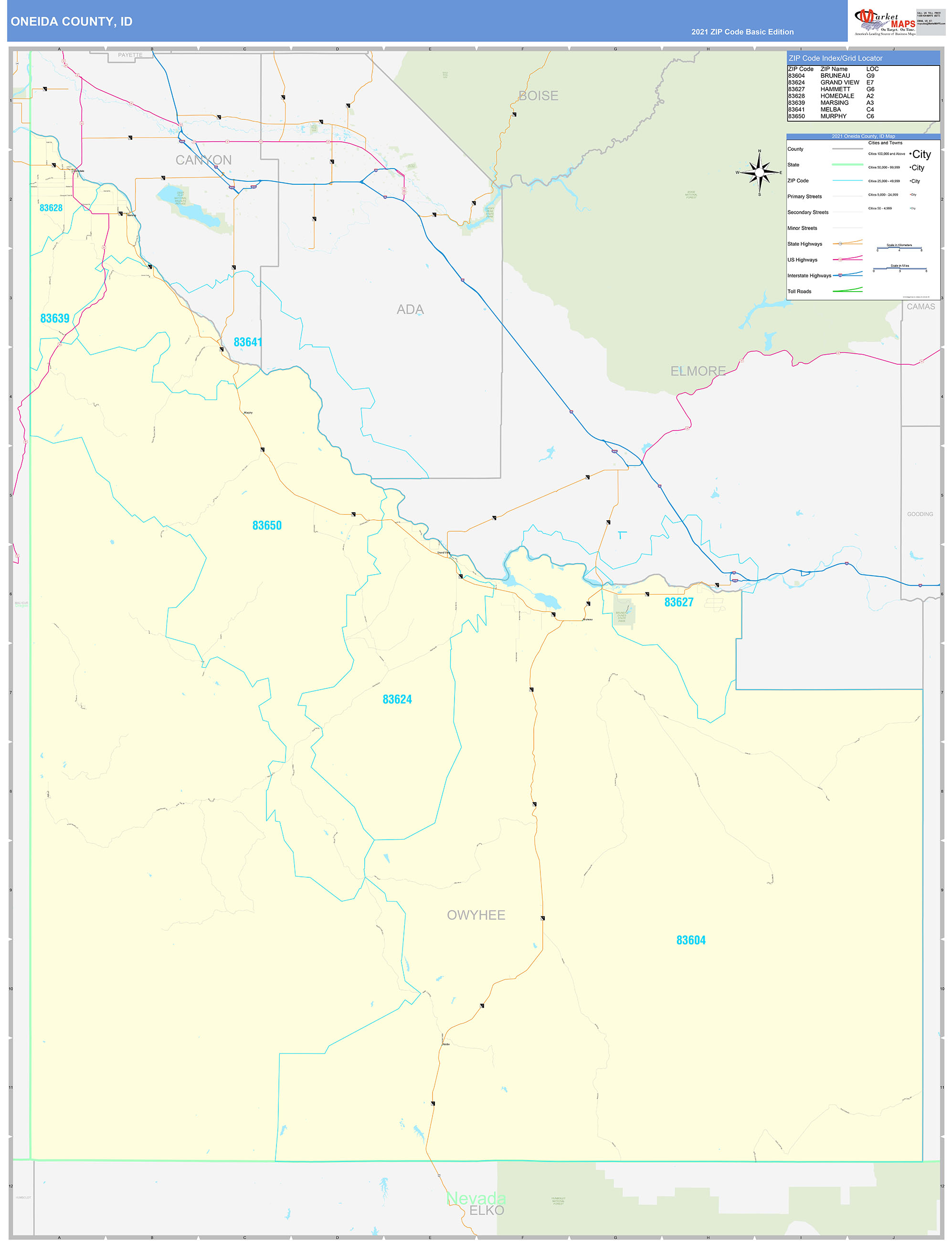 Owyhee County, ID Zip Code Wall Map Basic Style by MarketMAPS - MapSales