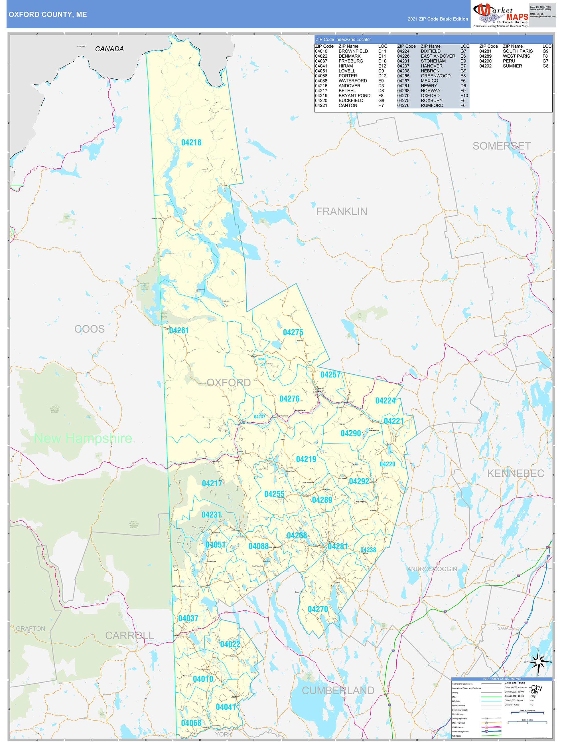 Oxford County, ME Zip Code Wall Map Basic Style by MarketMAPS - MapSales