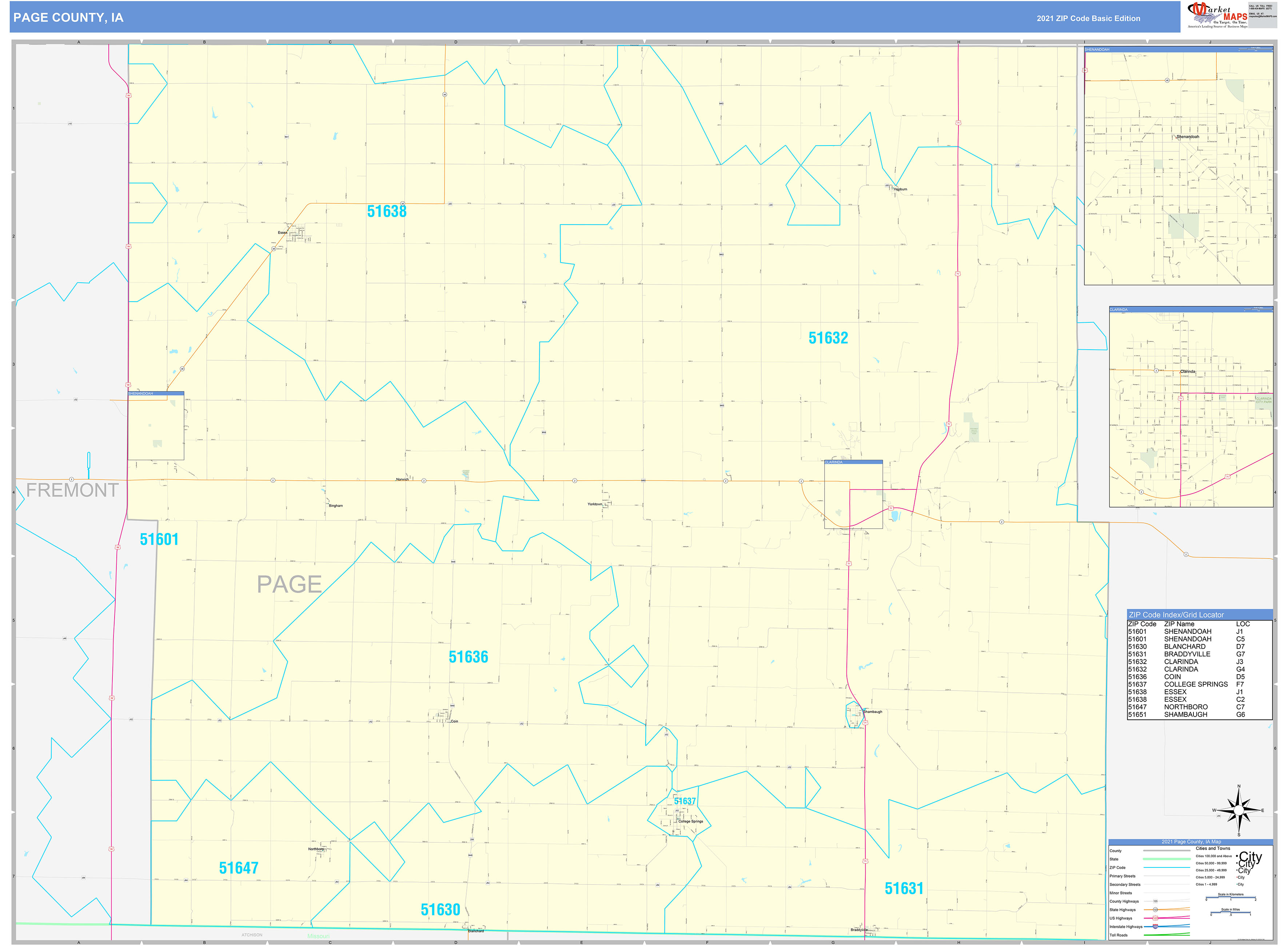 Page County, IA Zip Code Wall Map Basic Style by MarketMAPS