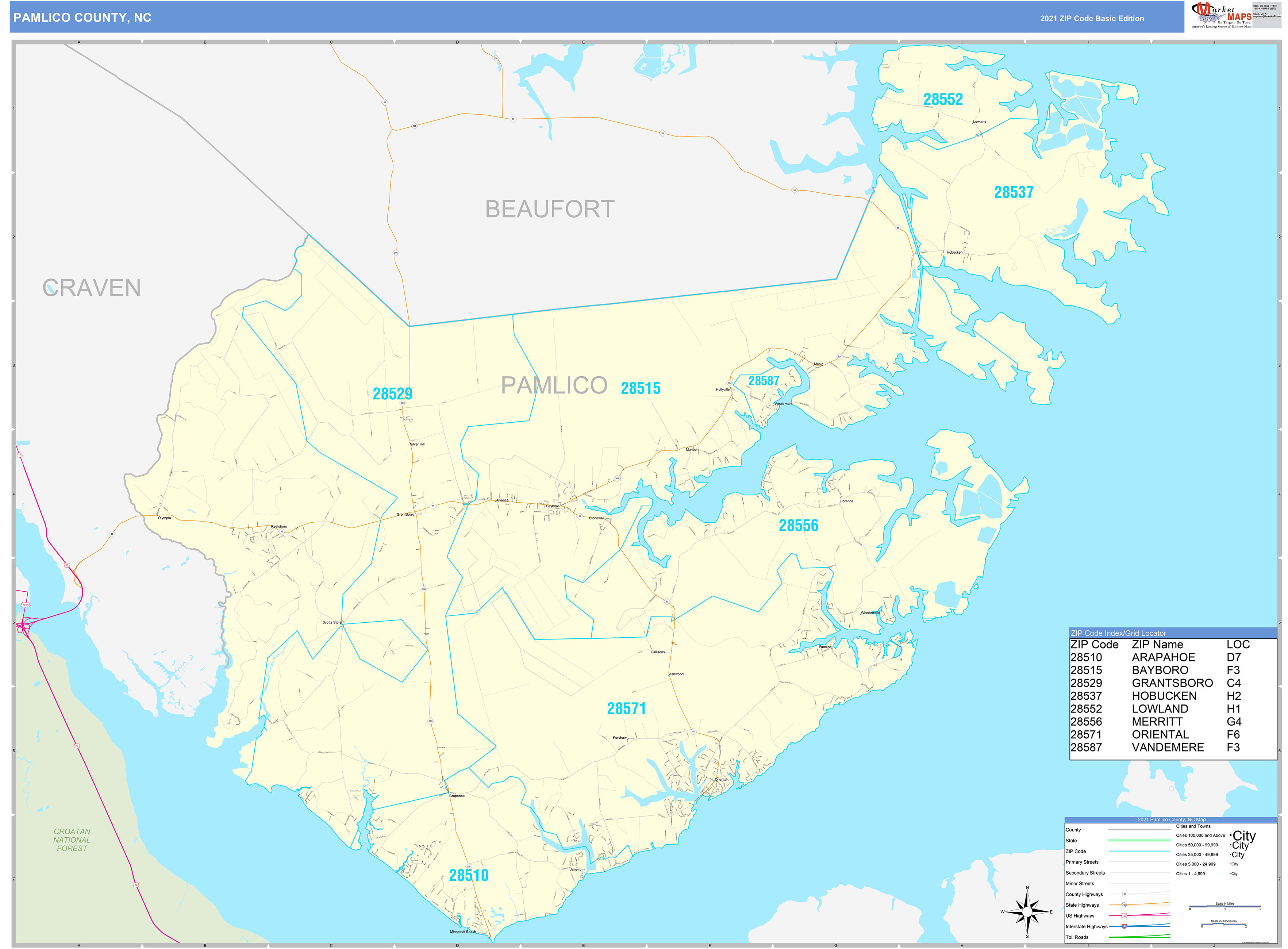 Pamlico County, NC Zip Code Wall Map Basic Style by MarketMAPS MapSales