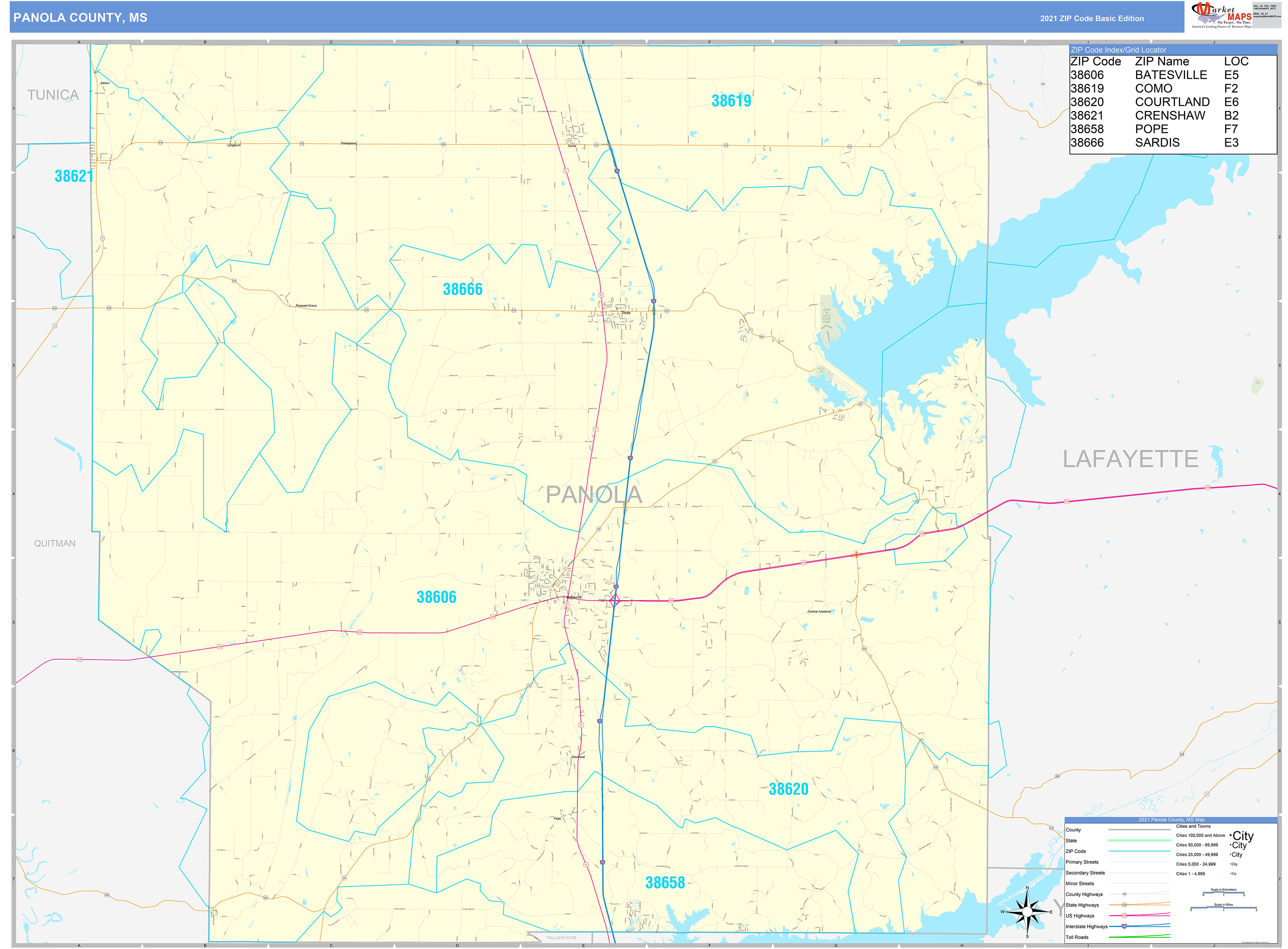 Panola County, MS Zip Code Wall Map Basic Style by MarketMAPS MapSales