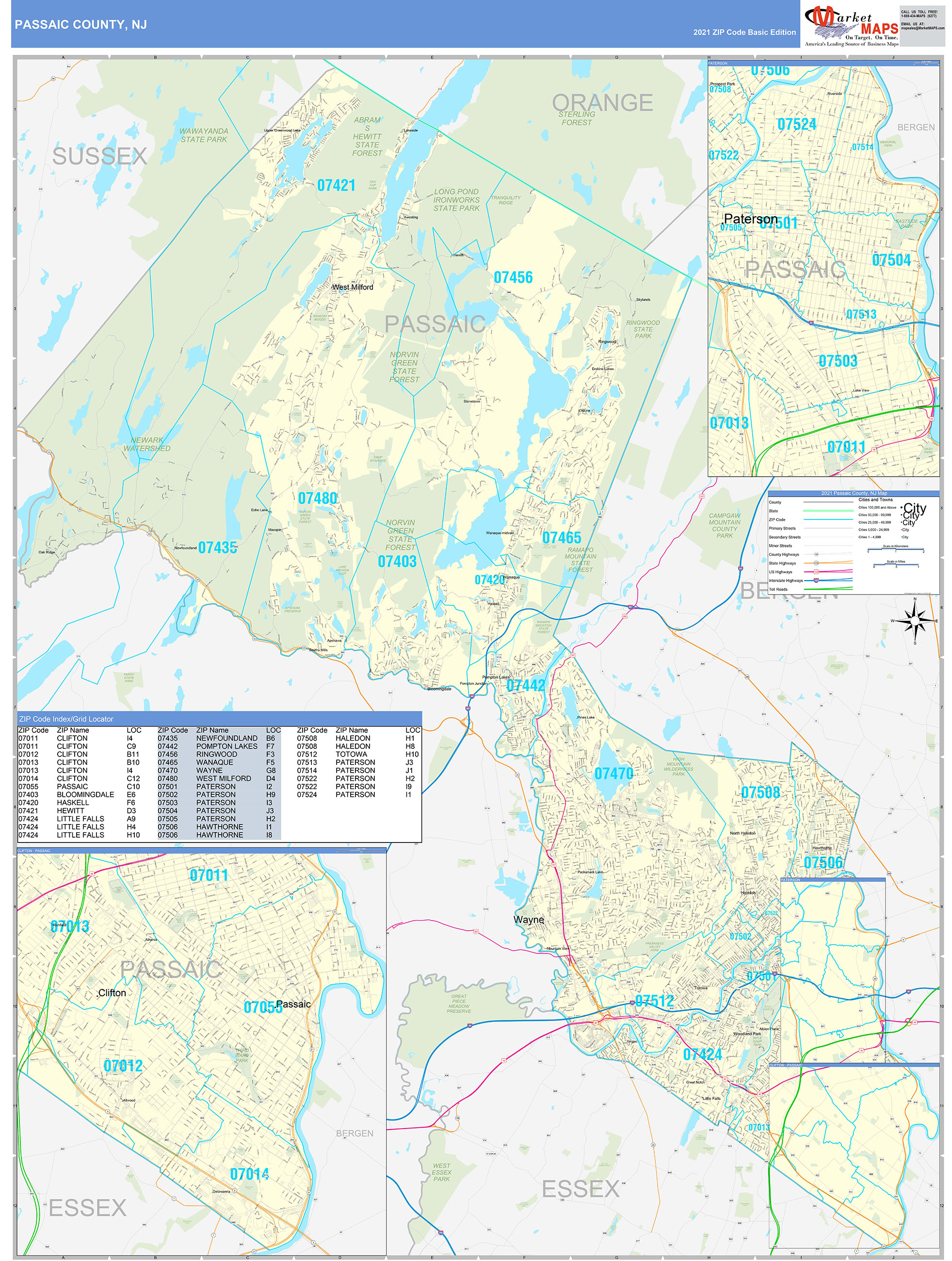 Passaic County New Jersey Digital Zip Code Map - Bank2home.com