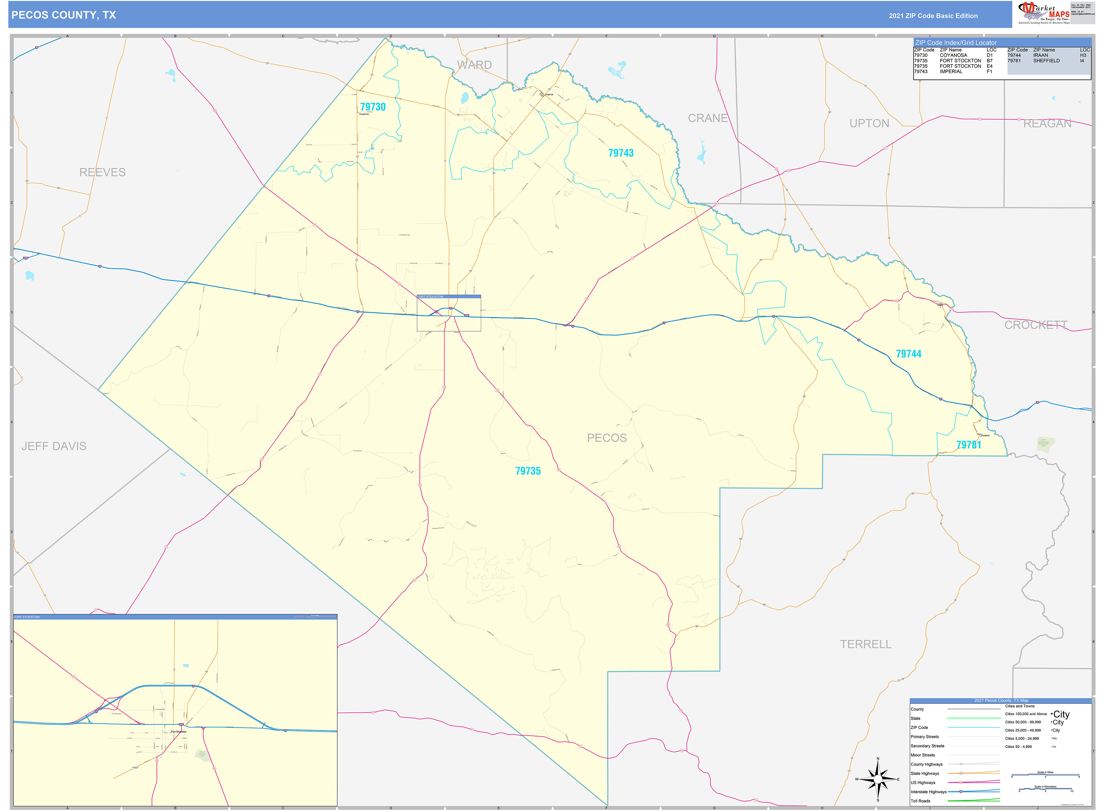 Pecos County, TX Zip Code Wall Map Basic Style by MarketMAPS - MapSales