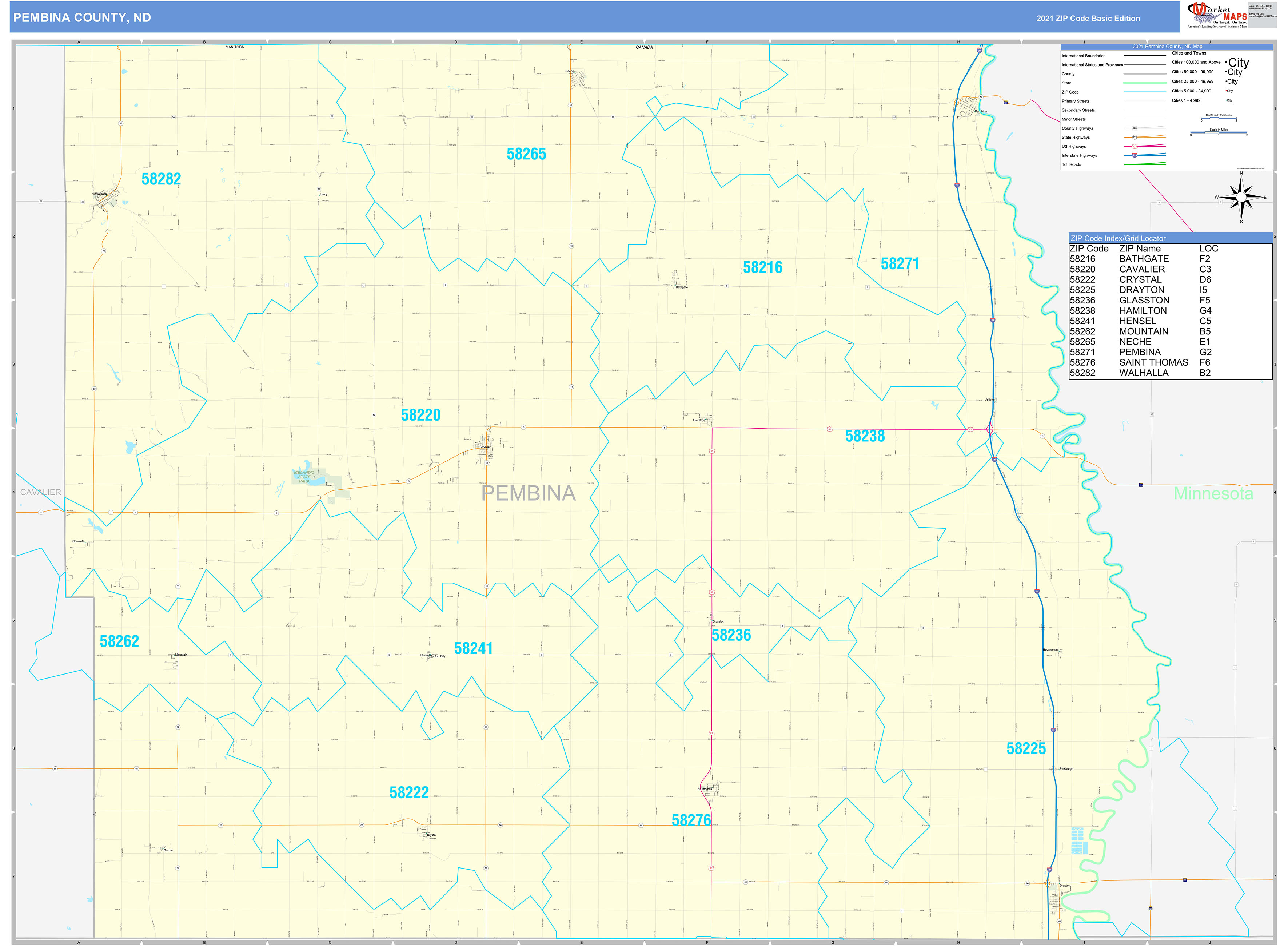 Pembina County, ND Zip Code Wall Map Basic Style by MarketMAPS