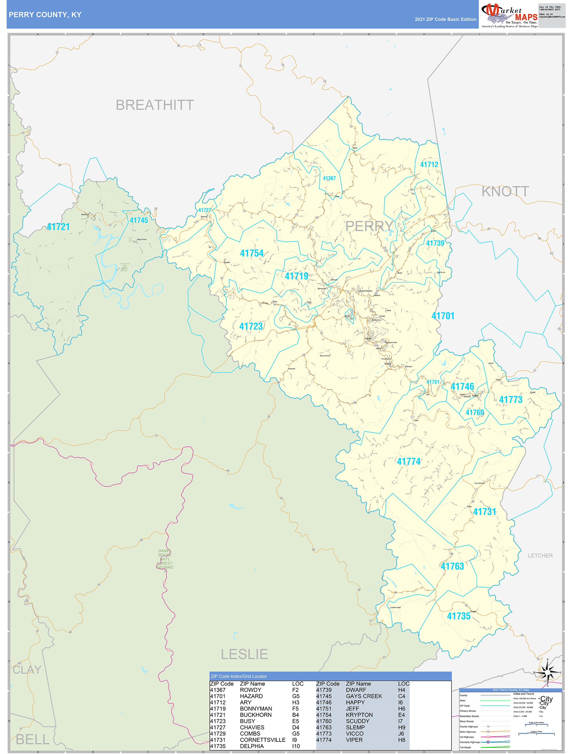 Perry County, KY Zip Code Wall Map Basic Style By MarketMAPS - MapSales.com