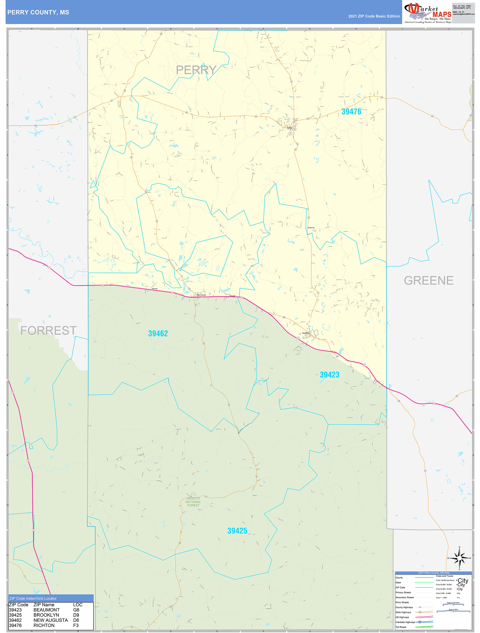 Perry County, MS Zip Code Wall Map Basic Style by MarketMAPS