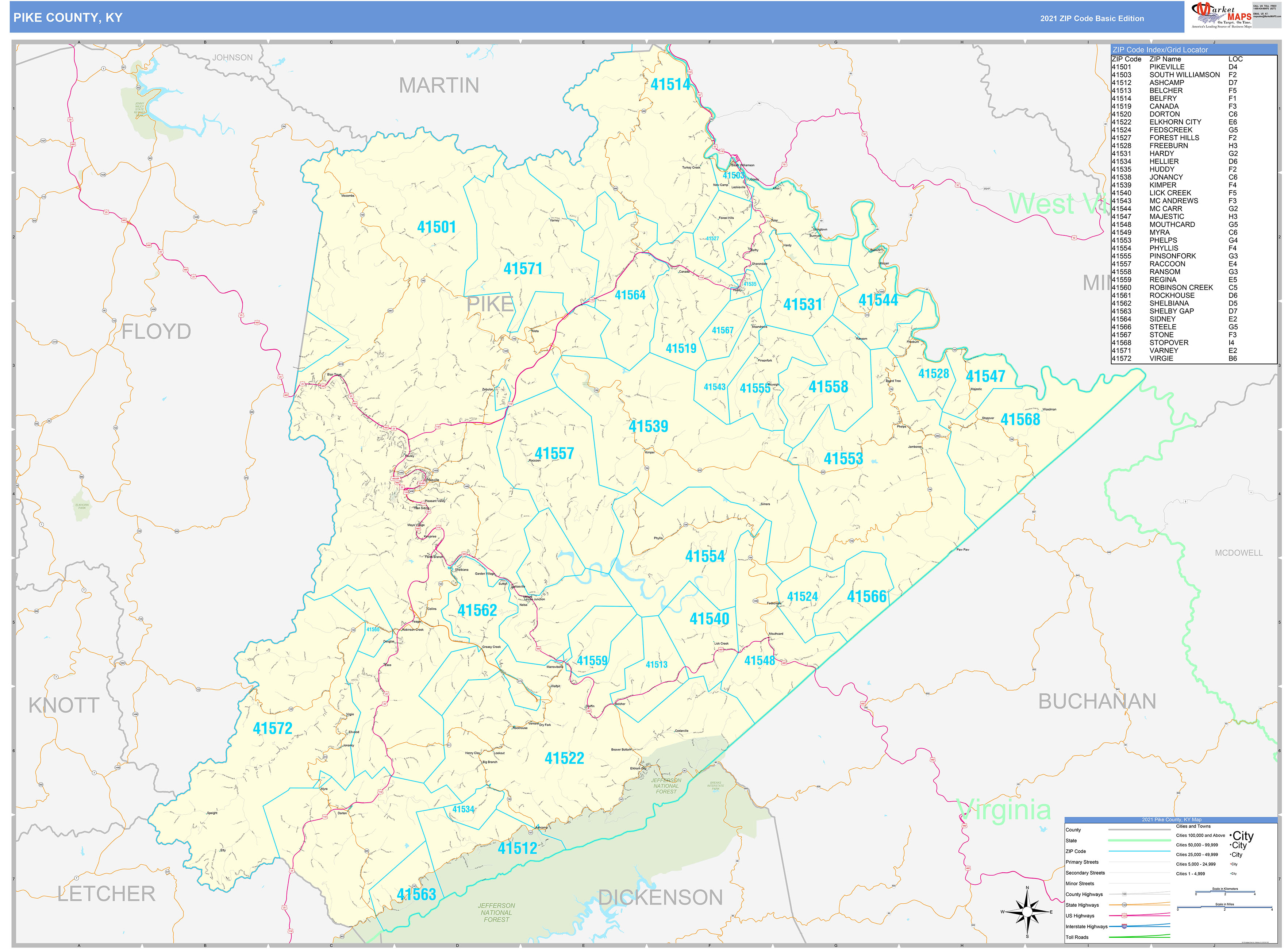 Pike County, KY Zip Code Wall Map Basic Style by MarketMAPS - MapSales