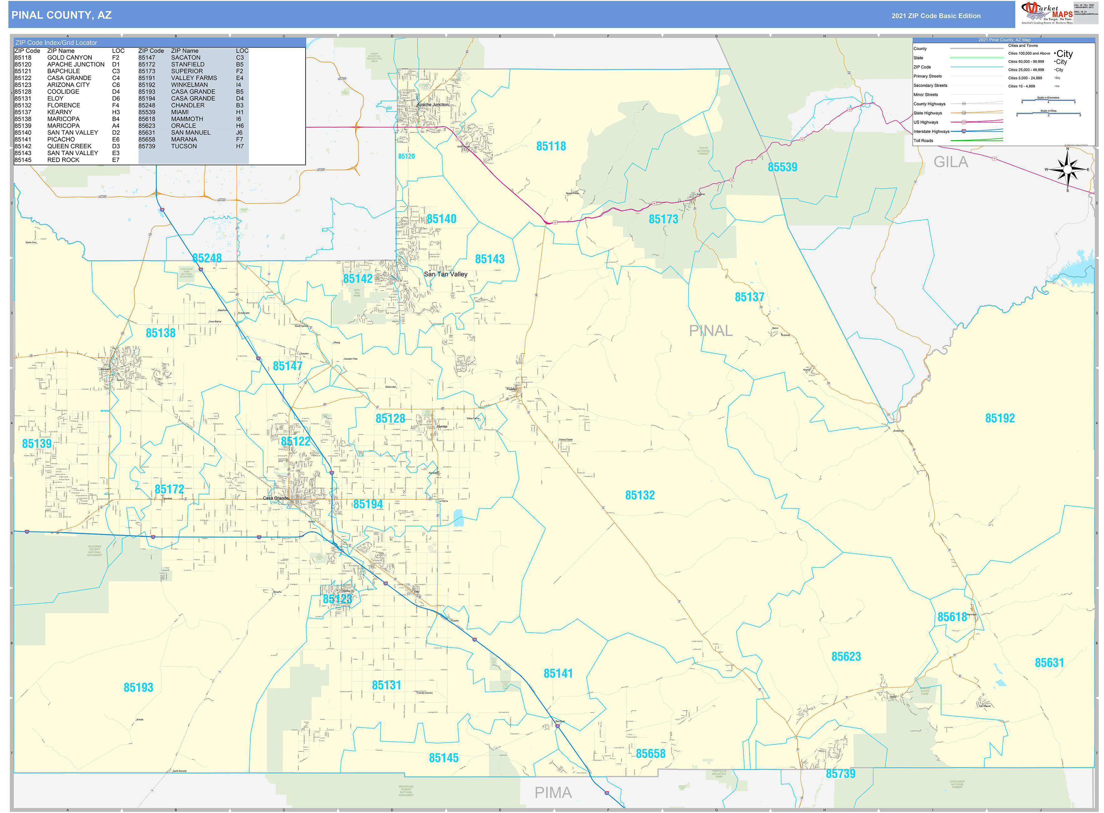 Pinal County, AZ Zip Code Wall Map Basic Style by MarketMAPS - MapSales