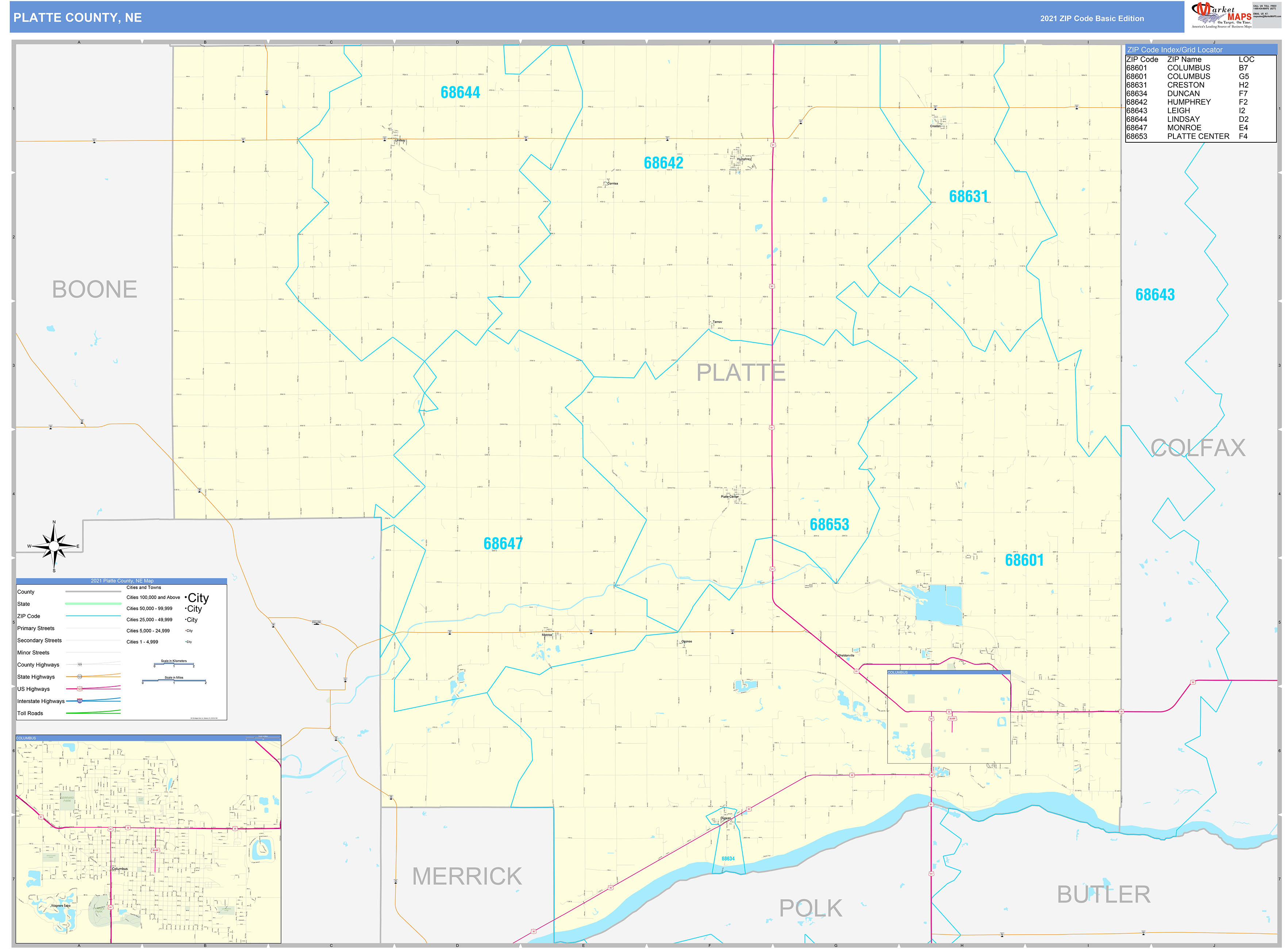 Platte County, NE Zip Code Wall Map Basic Style by MarketMAPS
