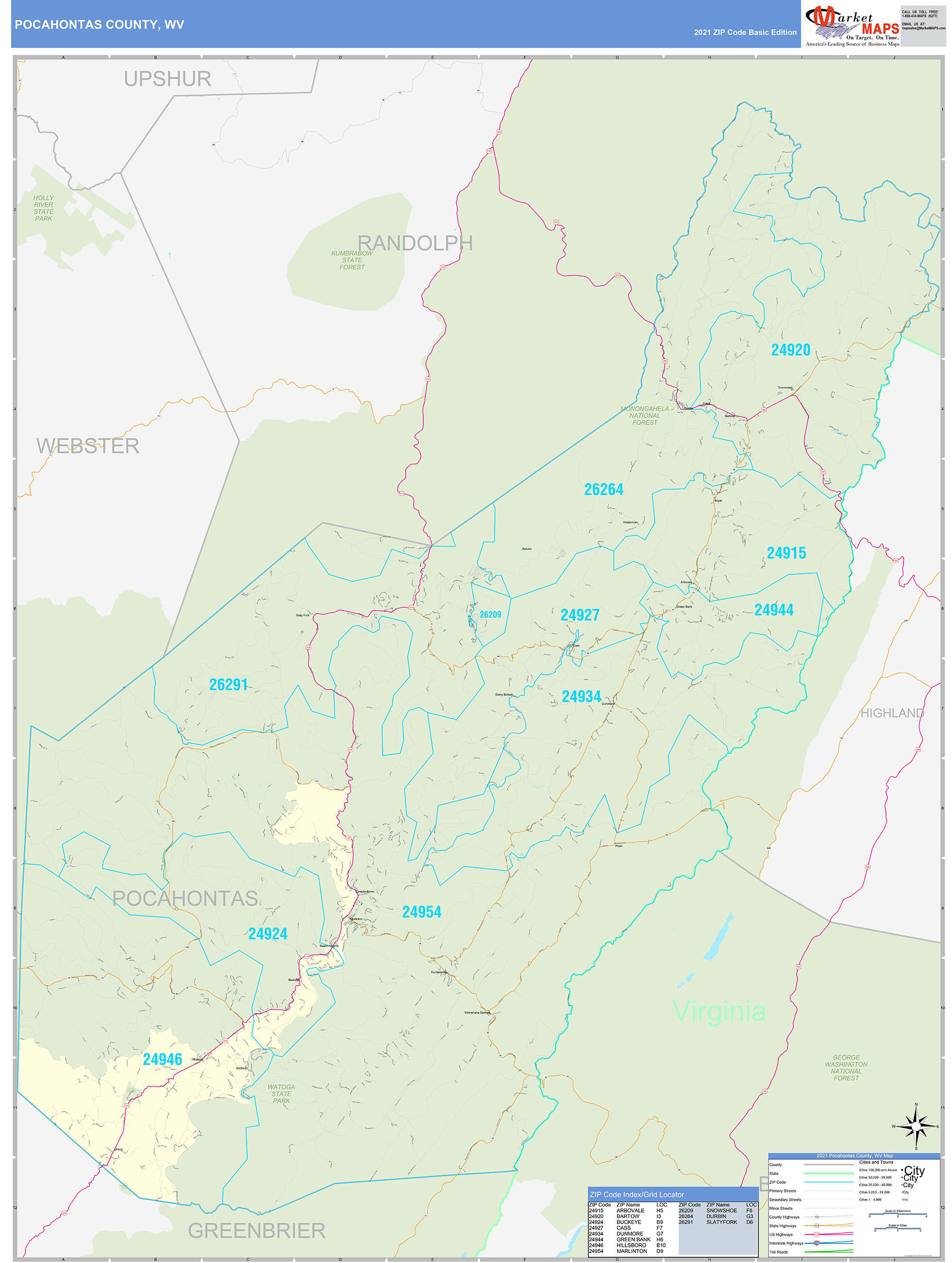 Pocahontas County, WV Zip Code Wall Map Basic Style by MarketMAPS ...