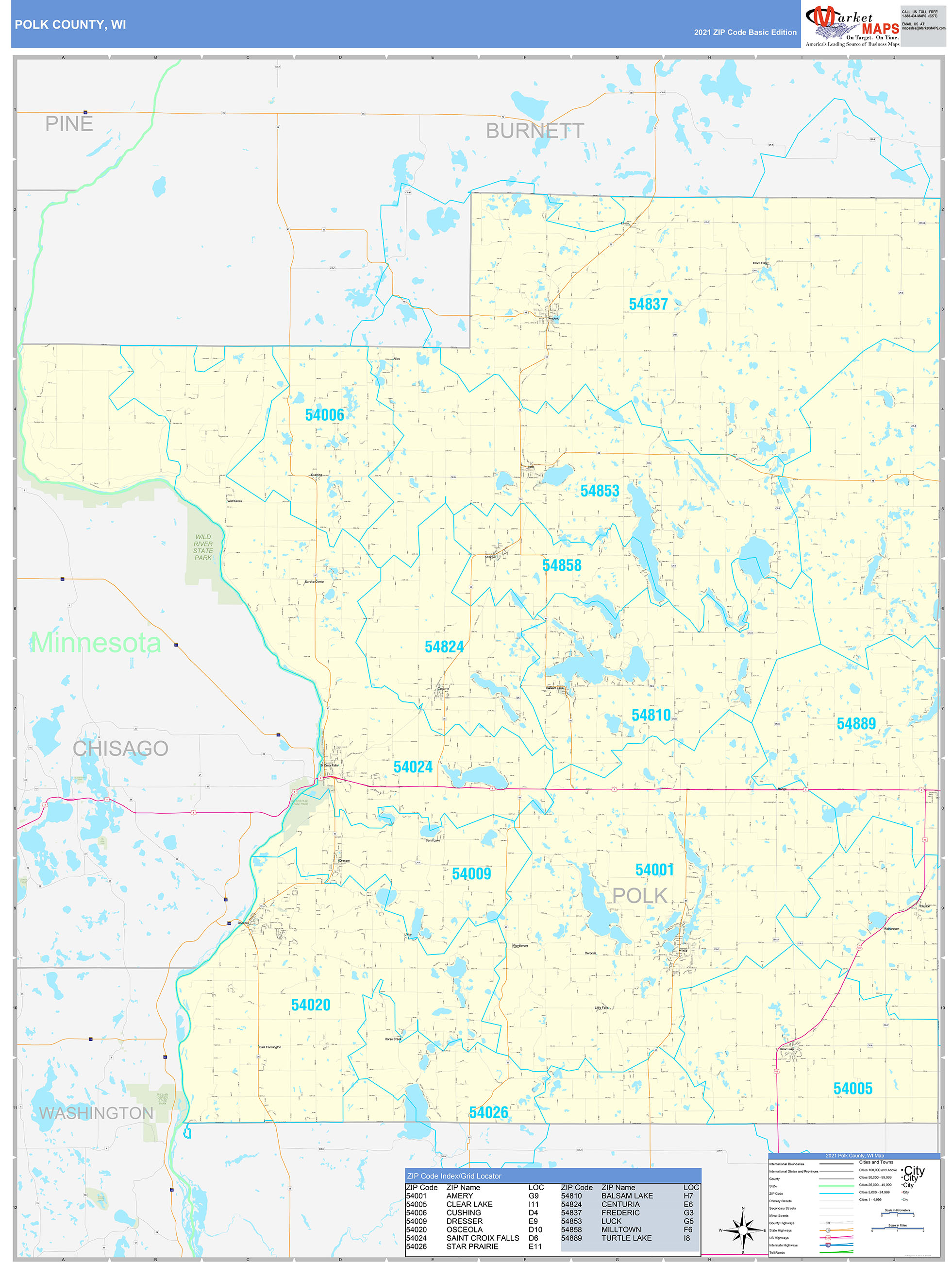 Polk County, WI Zip Code Wall Map Basic Style by MarketMAPS MapSales