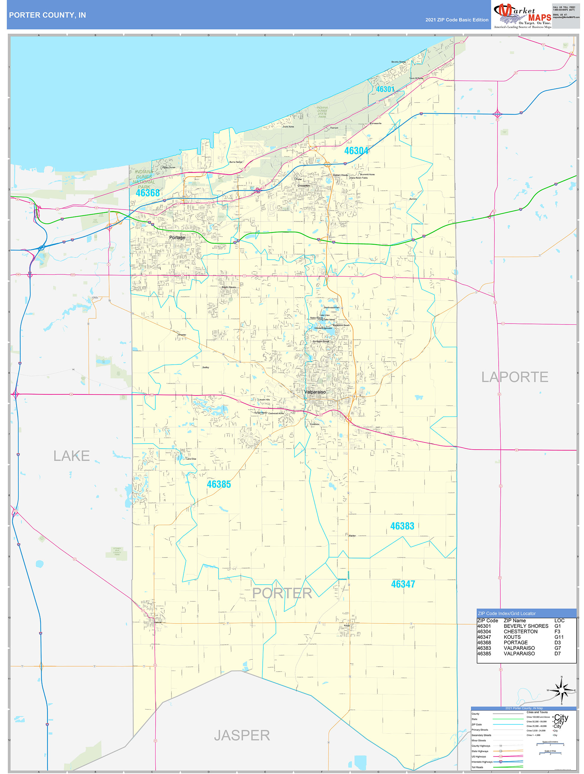 Porter County, IN Zip Code Wall Map Basic Style by MarketMAPS MapSales