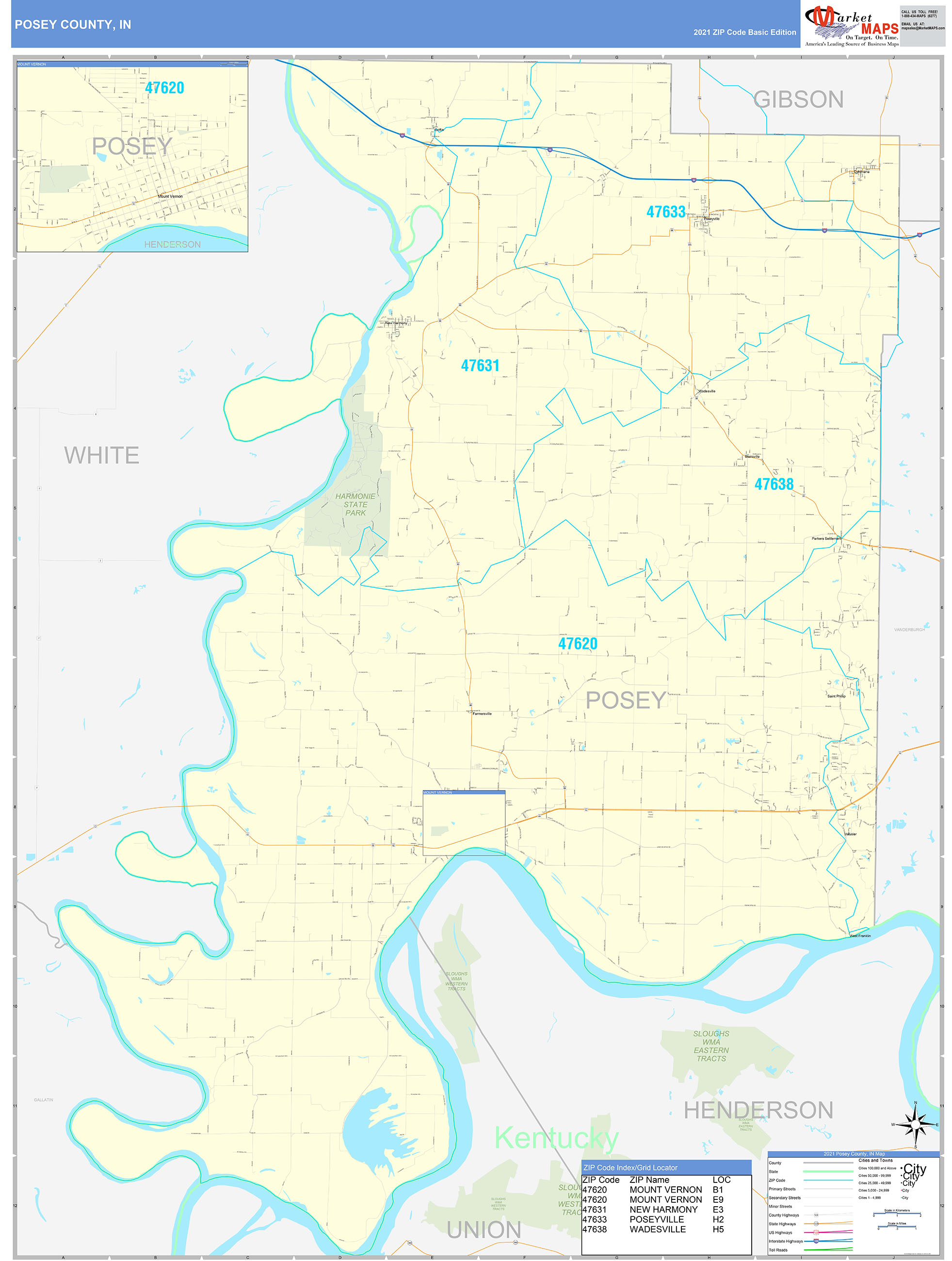 Posey County, IN Zip Code Wall Map Basic Style by MarketMAPS - MapSales.com