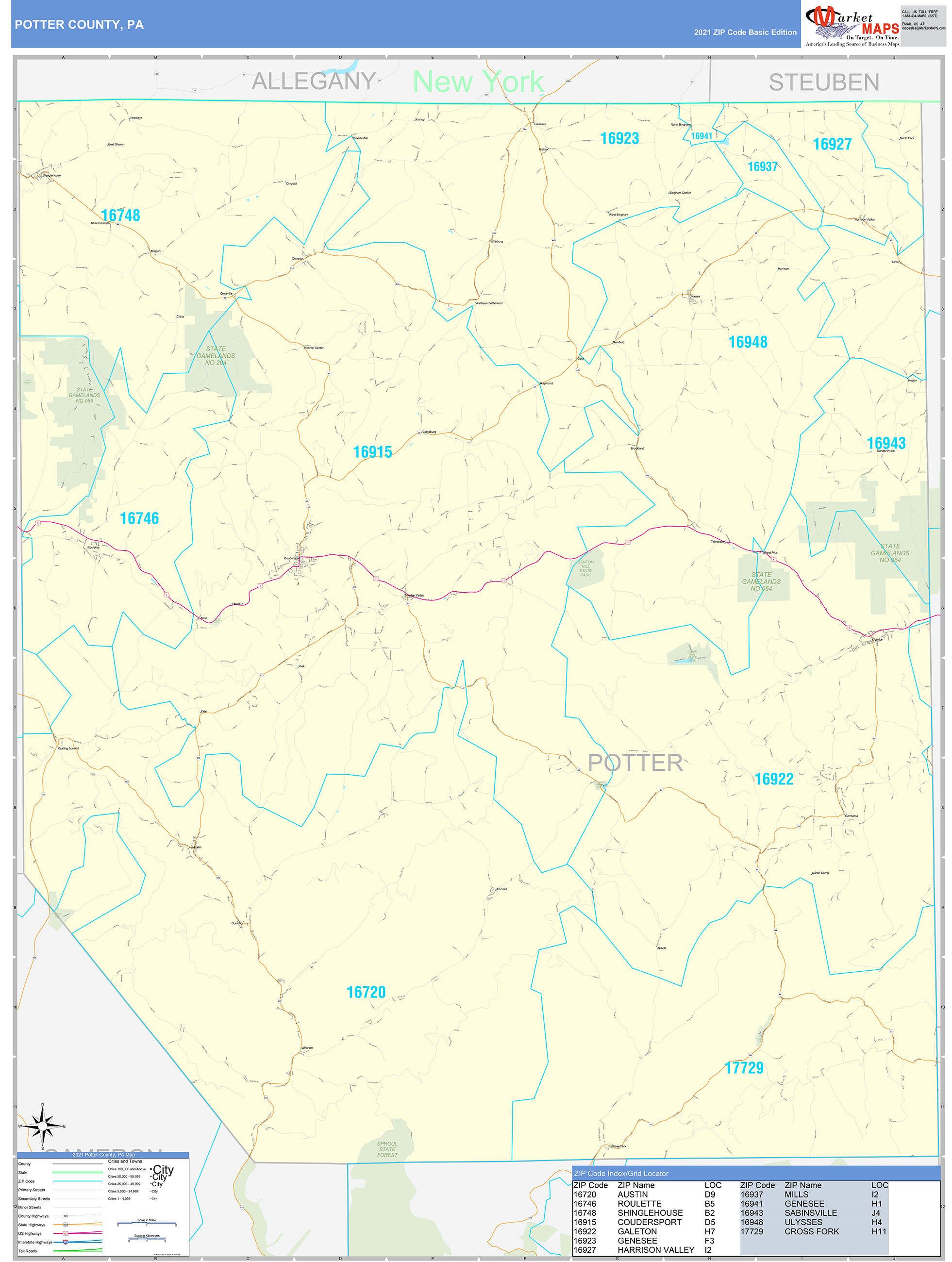 Potter County, PA Zip Code Wall Map Basic Style by MarketMAPS MapSales