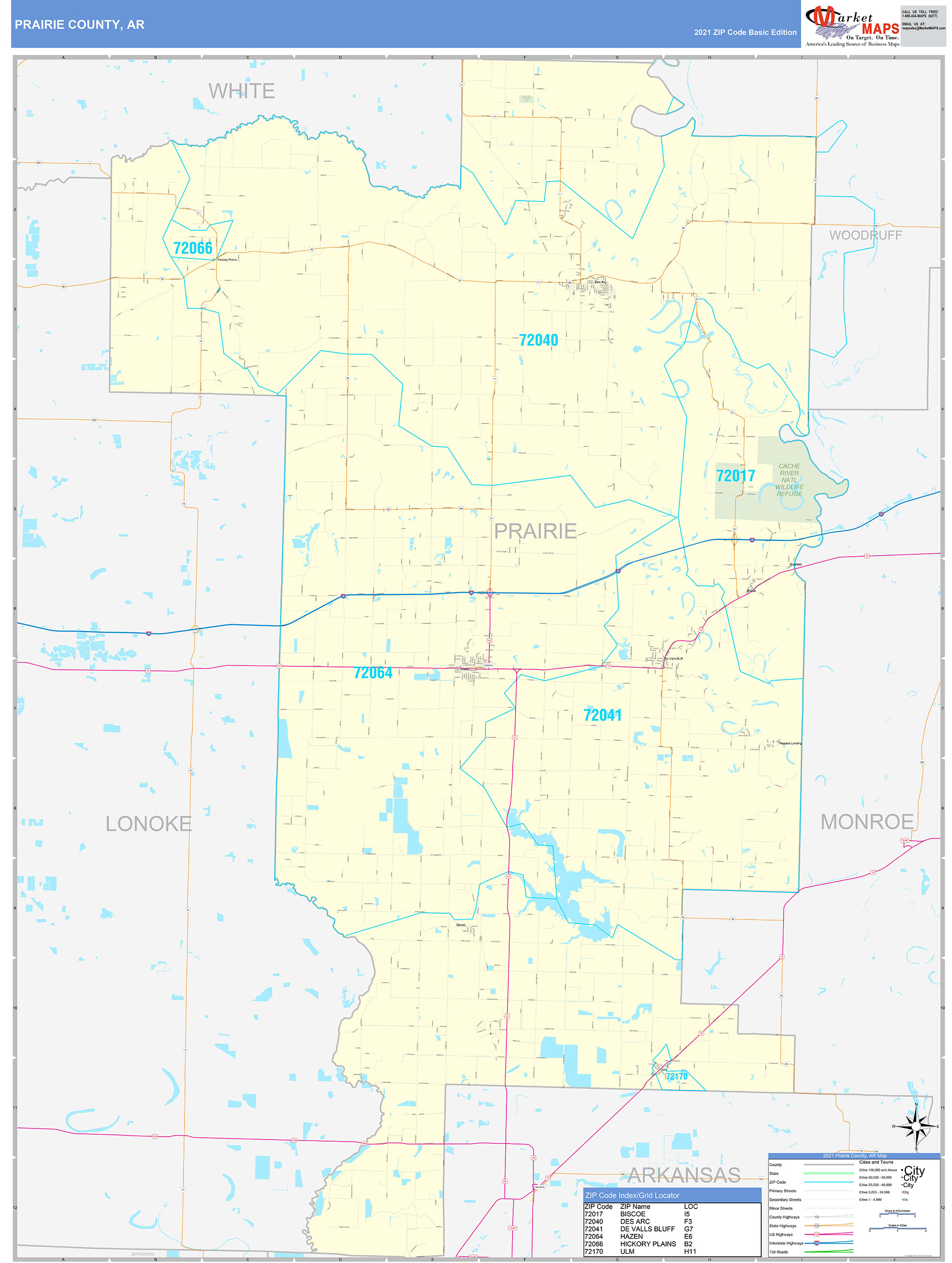 Prairie County Ar Zip Code Wall Map Basic Style By Marketmaps Mapsales