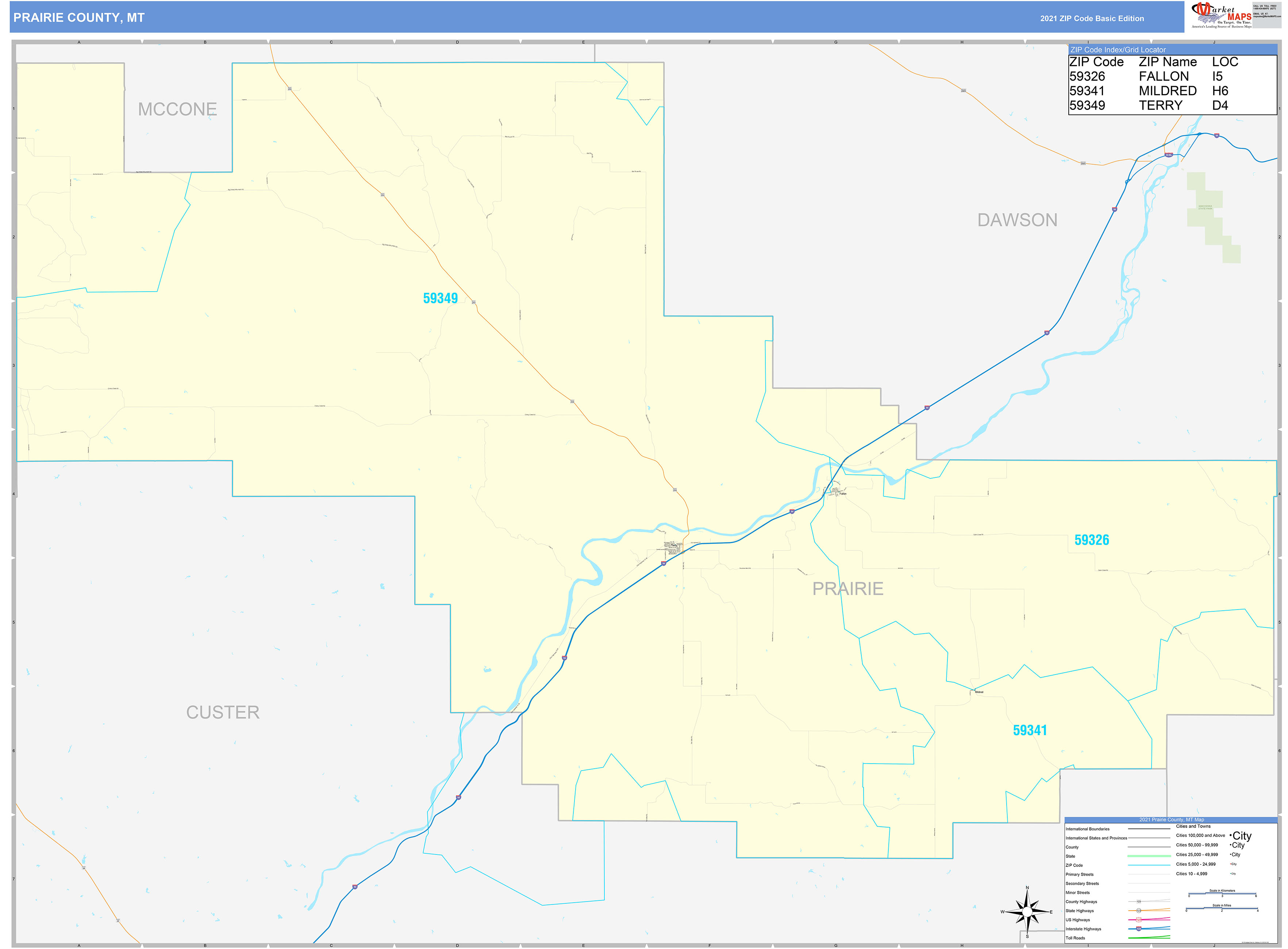 Prairie County, MT Zip Code Wall Map Basic Style by MarketMAPS