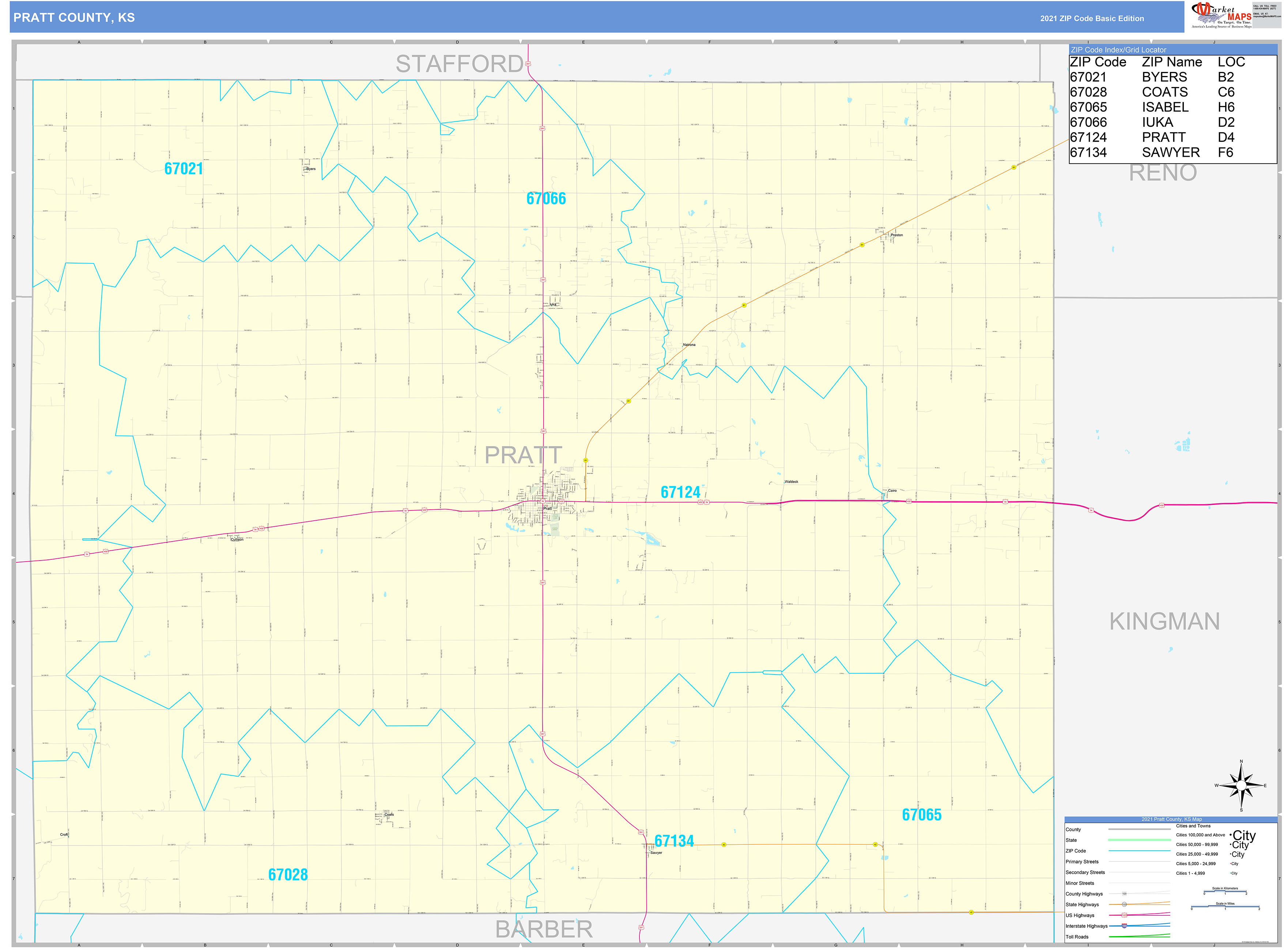 Pratt County, KS Zip Code Wall Map Basic Style by MarketMAPS MapSales