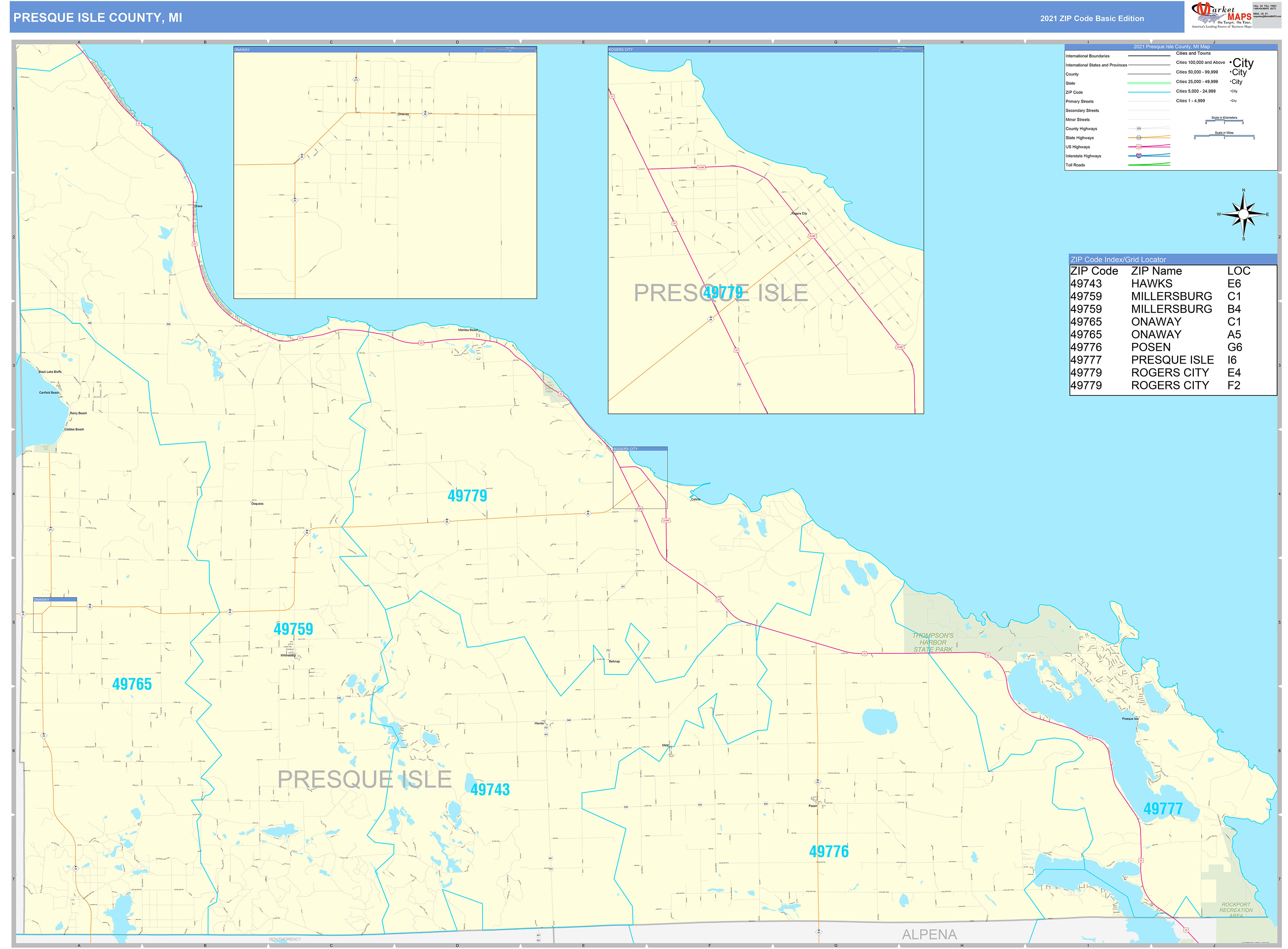 Presque Isle County, MI Zip Code Wall Map Basic Style by MarketMAPS