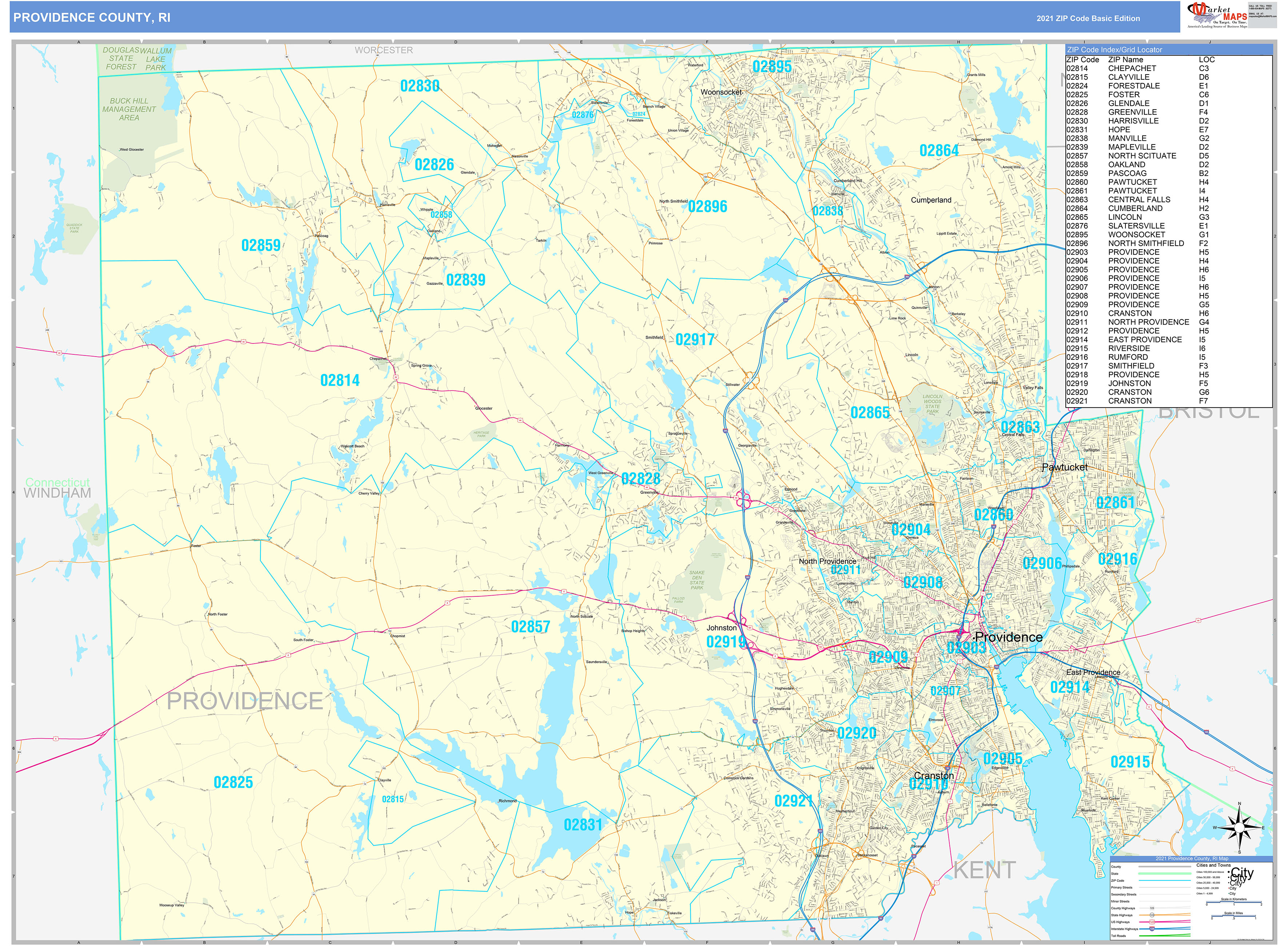 Providence County, RI Zip Code Wall Map Basic Style by MarketMAPS