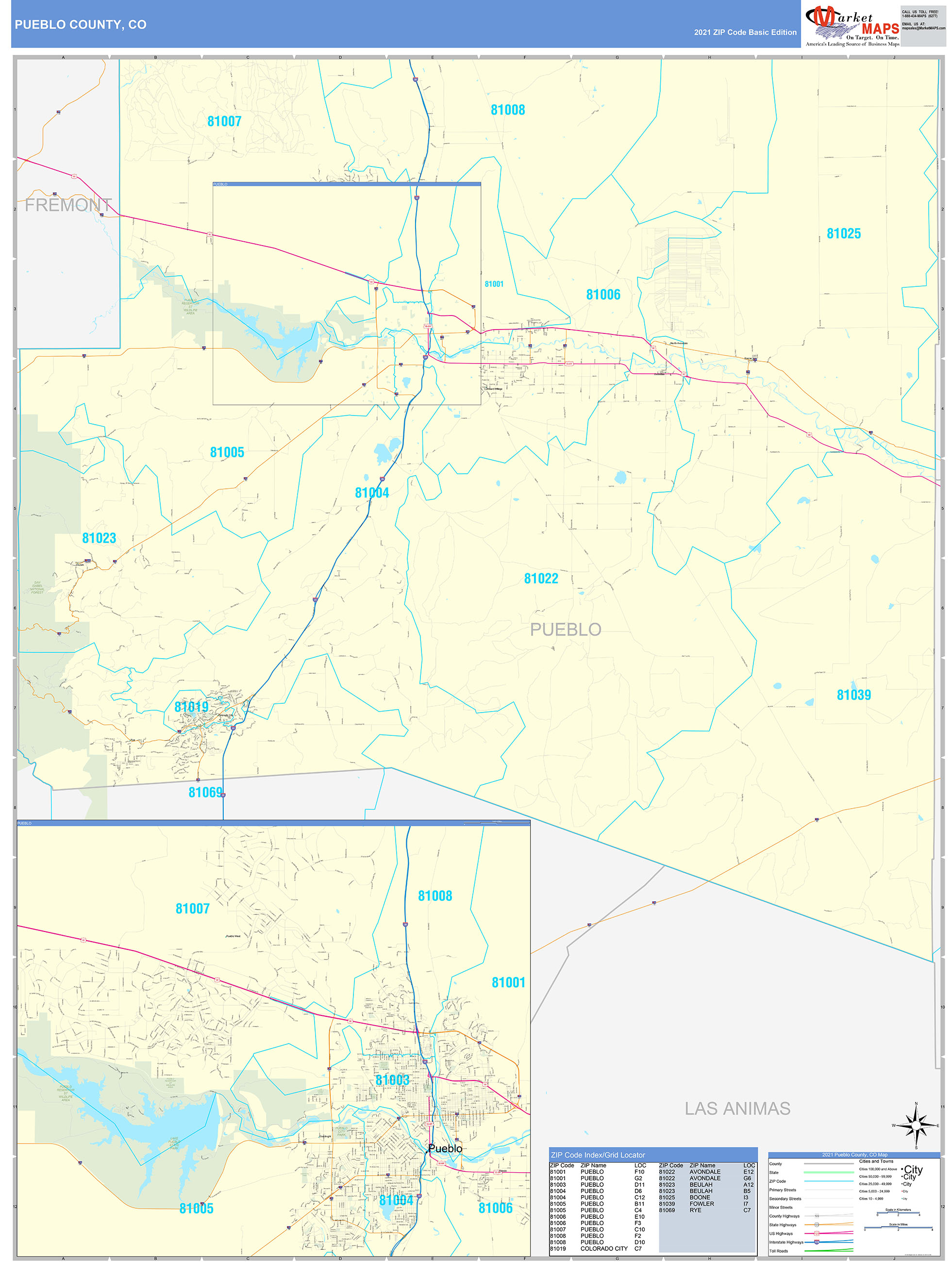 Pueblo County Co Zip Code Wall Map Basic Style By Marketmaps Free