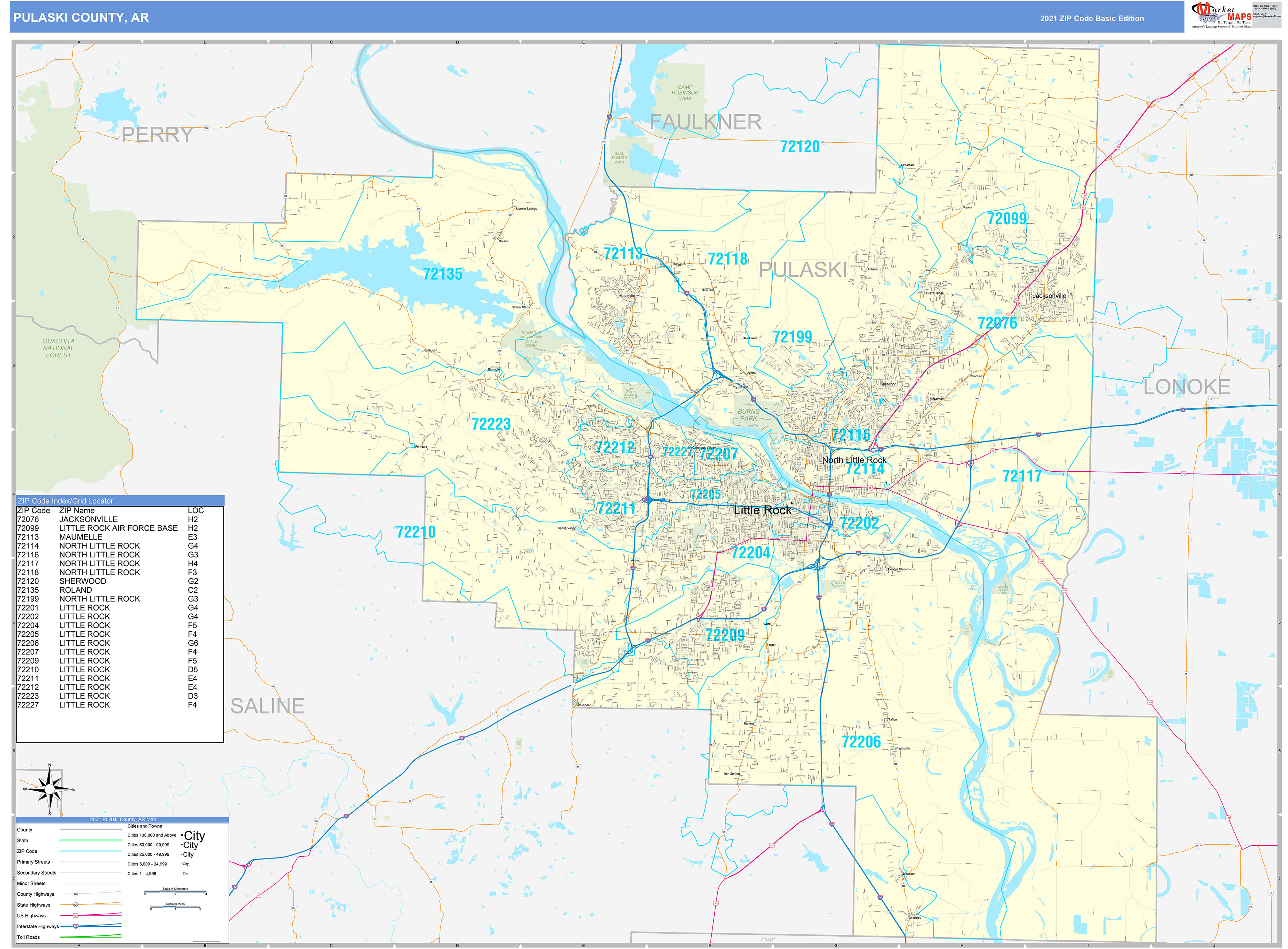 Pulaski County, AR Zip Code Wall Map Basic Style by MarketMAPS - MapSales