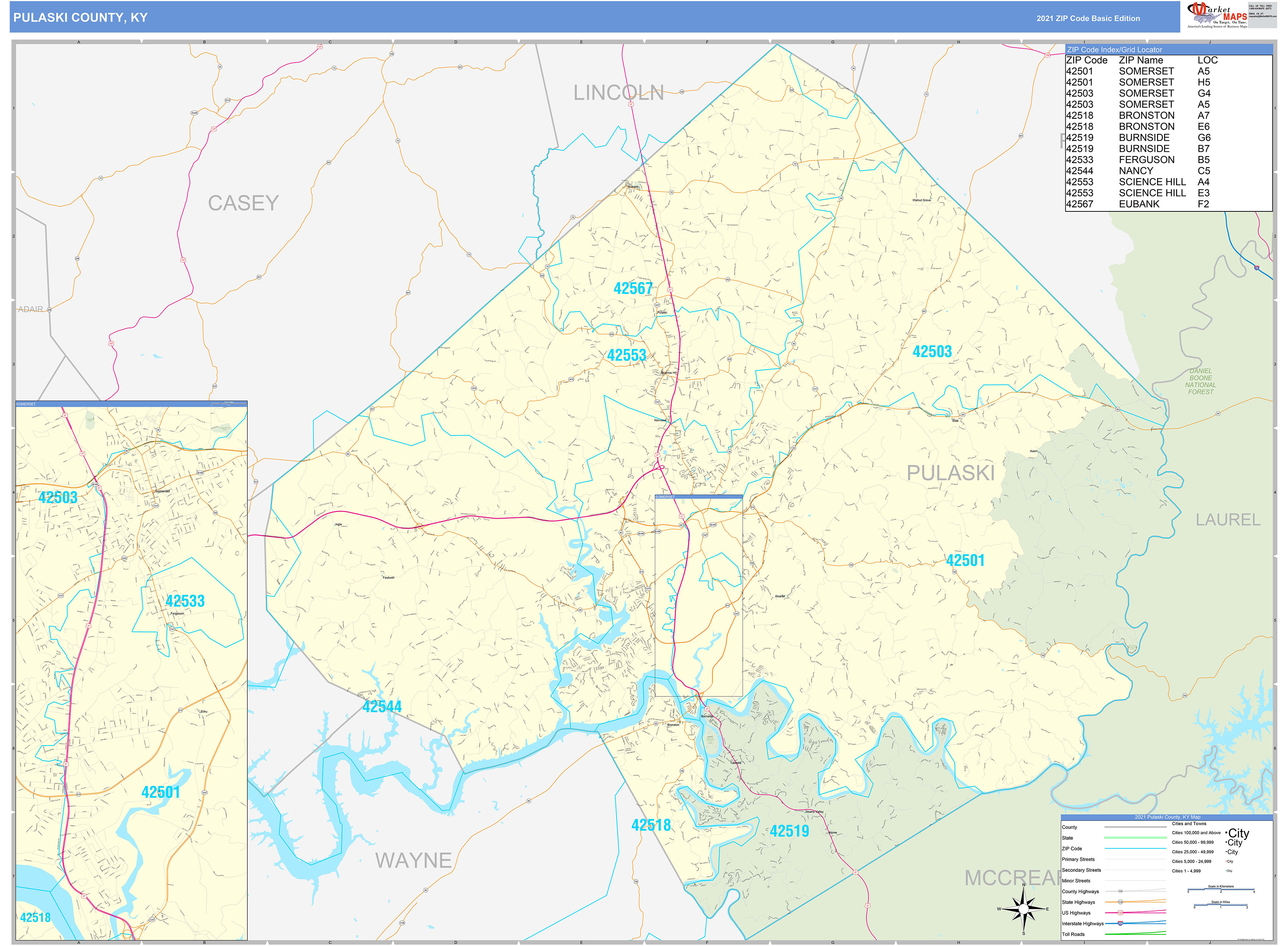 Pulaski County Ky Zip Code Wall Map Basic Style By Marketmaps Mapsales 2934