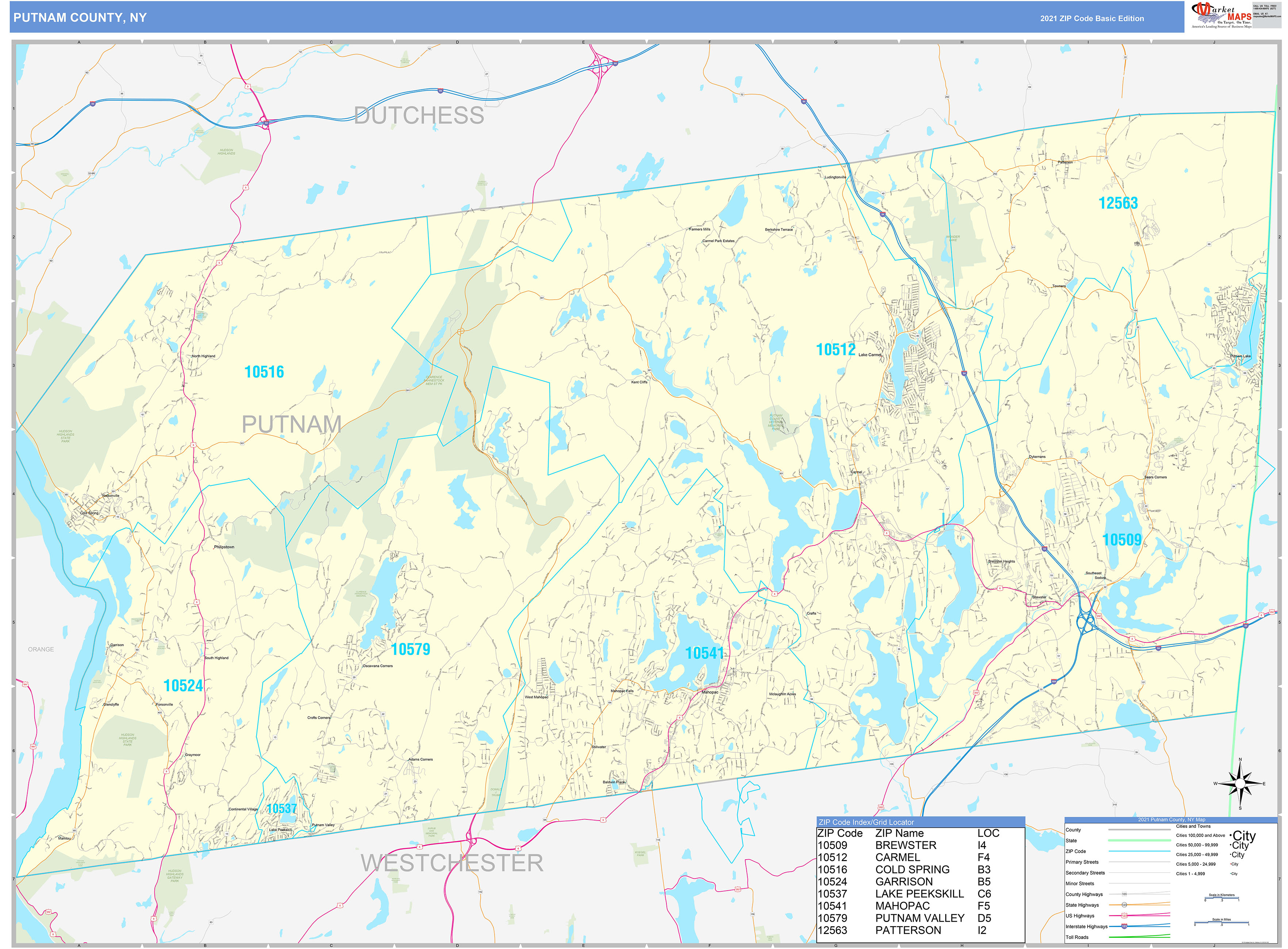 Putnam County, NY Zip Code Wall Map Basic Style by MarketMAPS - MapSales