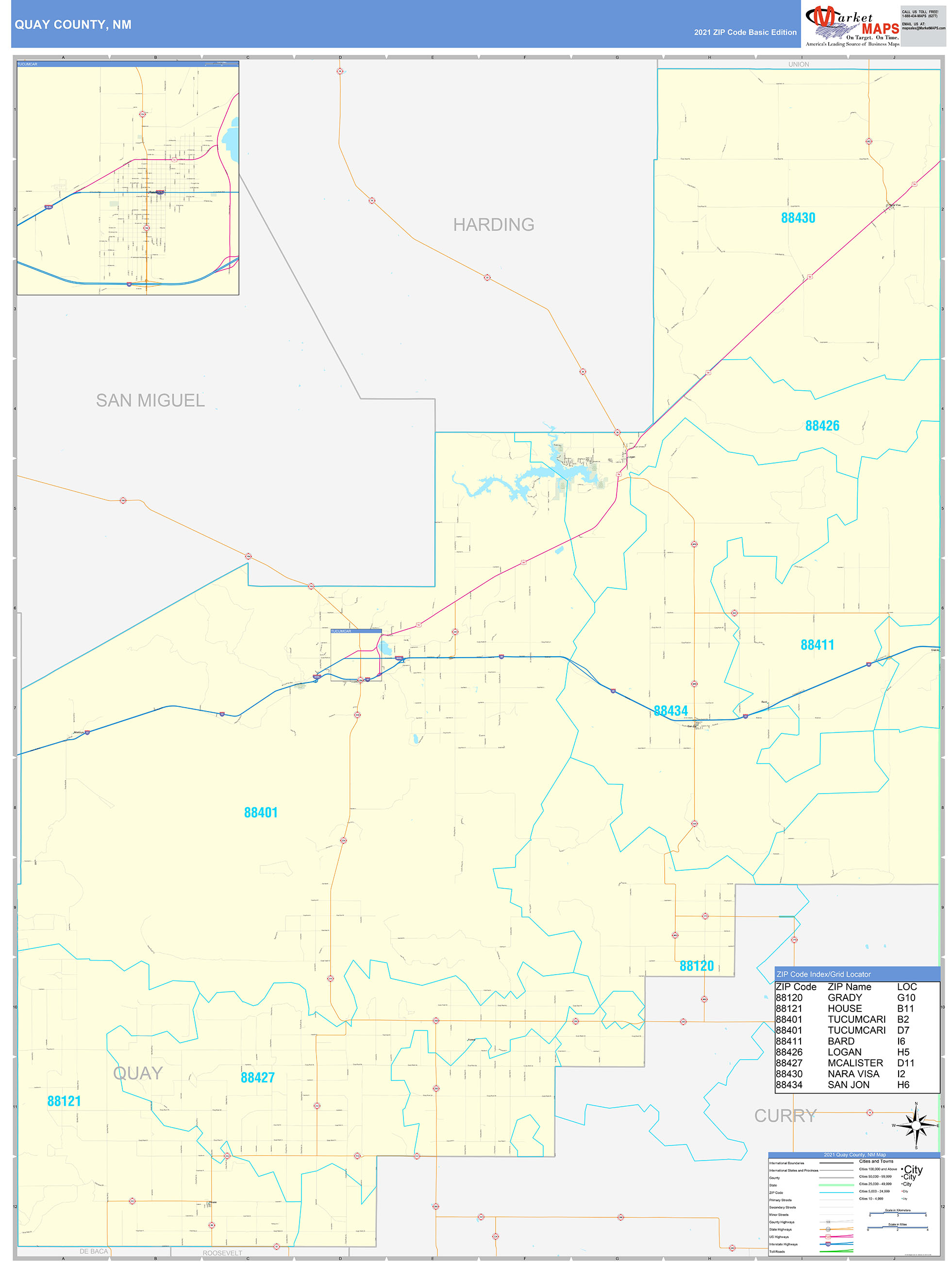 Quay County, NM Zip Code Wall Map Basic Style by MarketMAPS - MapSales