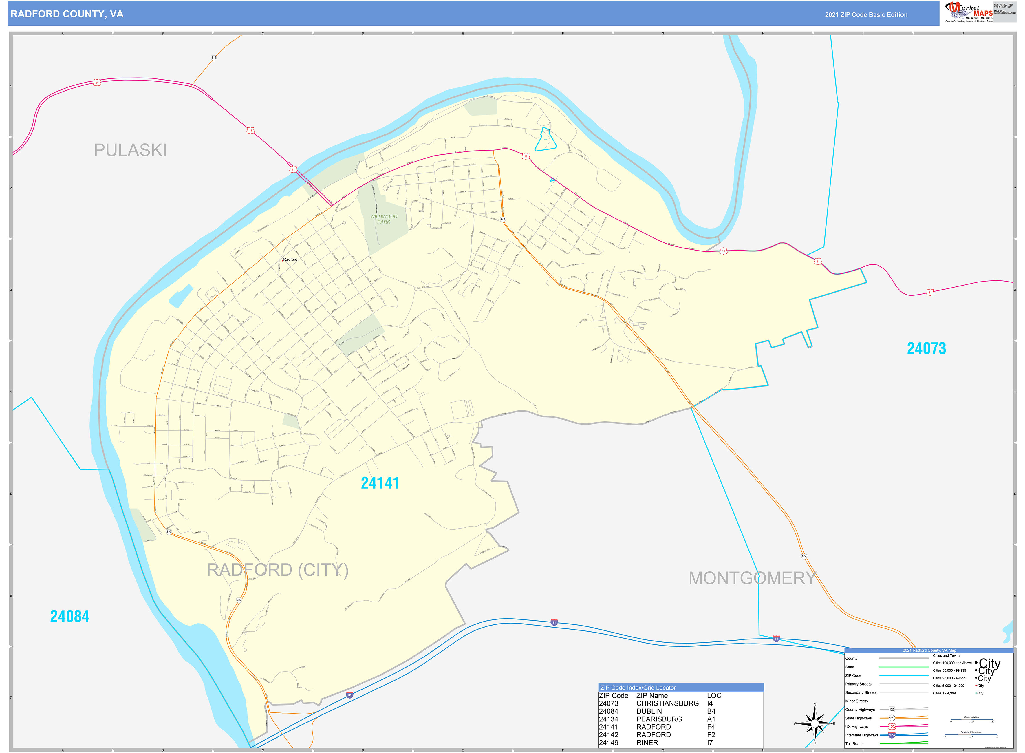 radford-county-va-zip-code-wall-map-basic-style-by-marketmaps-mapsales