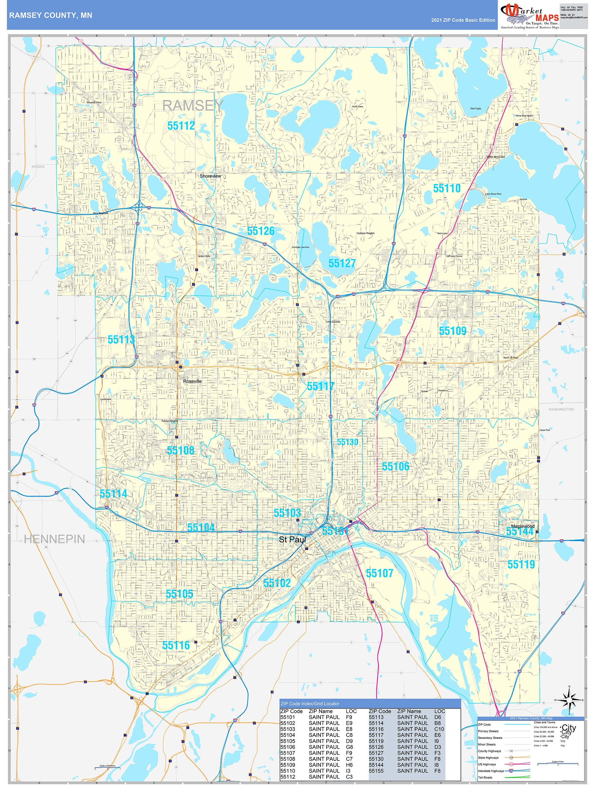 Ramsey County, MN Zip Code Wall Map Basic Style by MarketMAPS MapSales