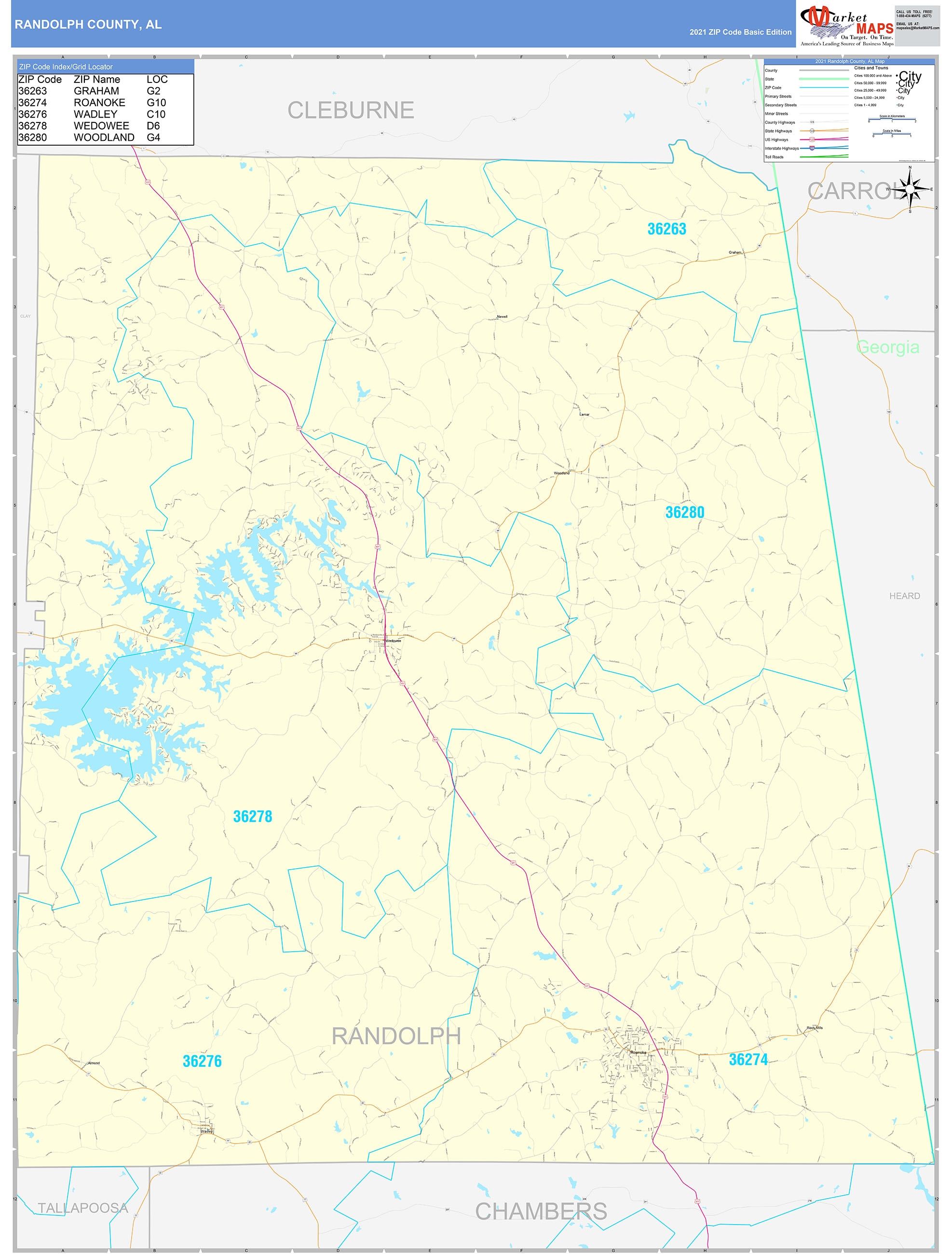 randolph-county-al-zip-code-wall-map-basic-style-by-marketmaps-mapsales