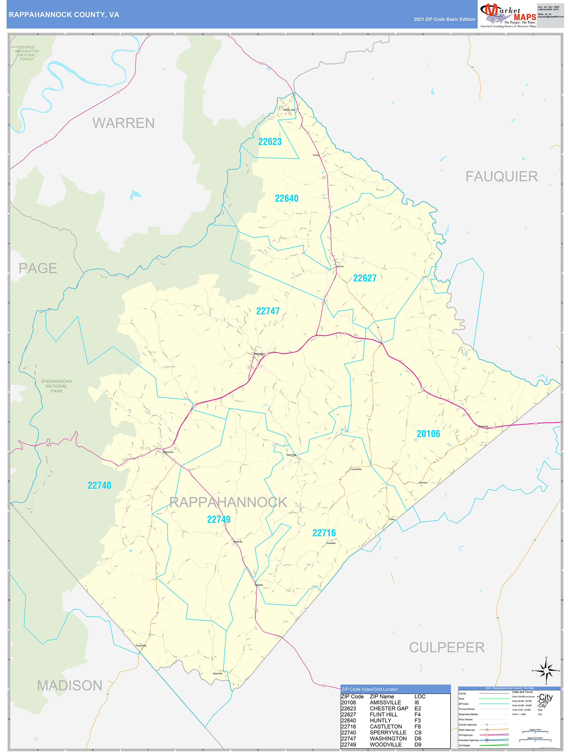 Rappahannock County, VA Zip Code Wall Map Basic Style by MarketMAPS ...