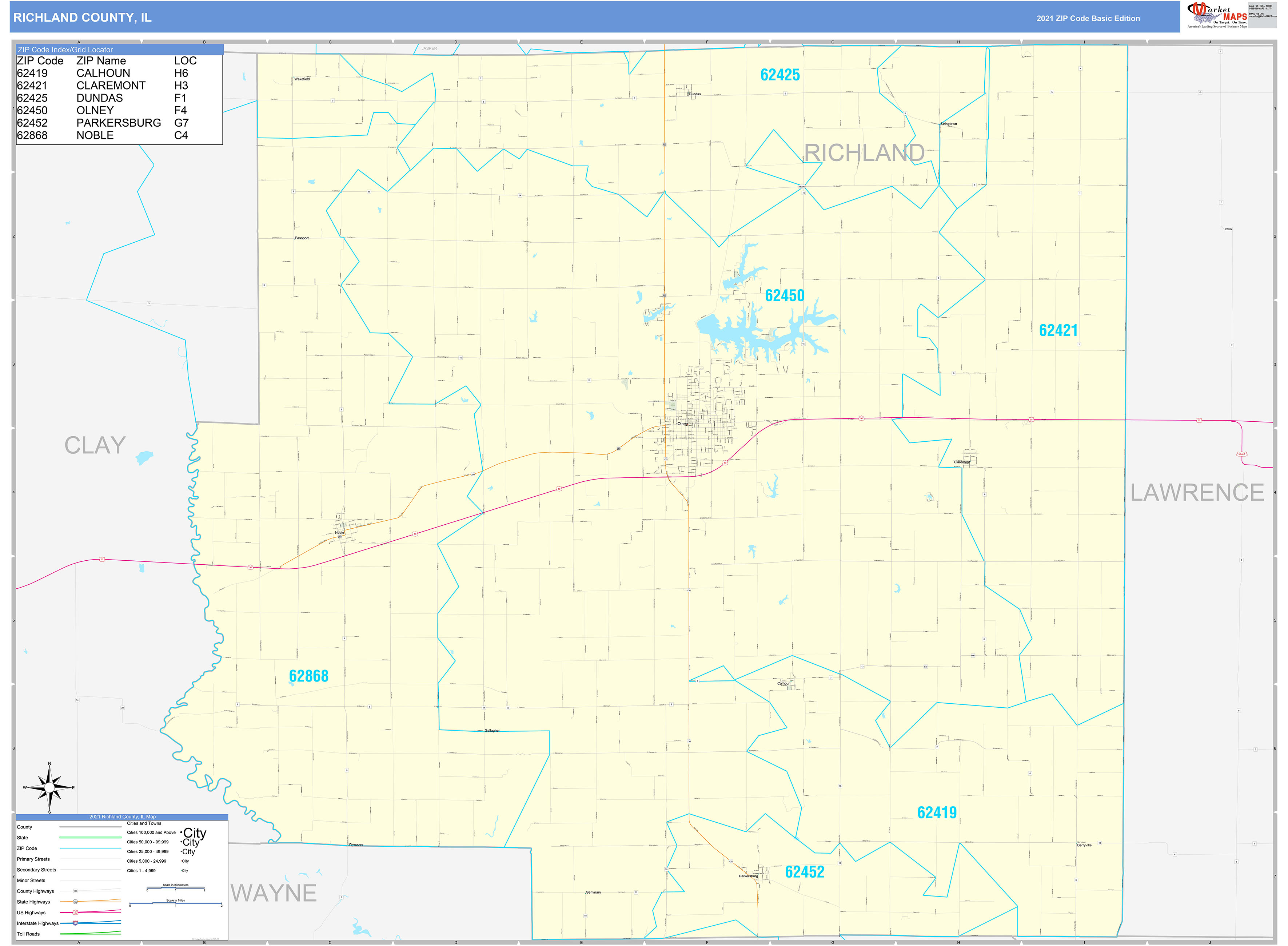 Richland County, IL Zip Code Wall Map Basic Style by MarketMAPS