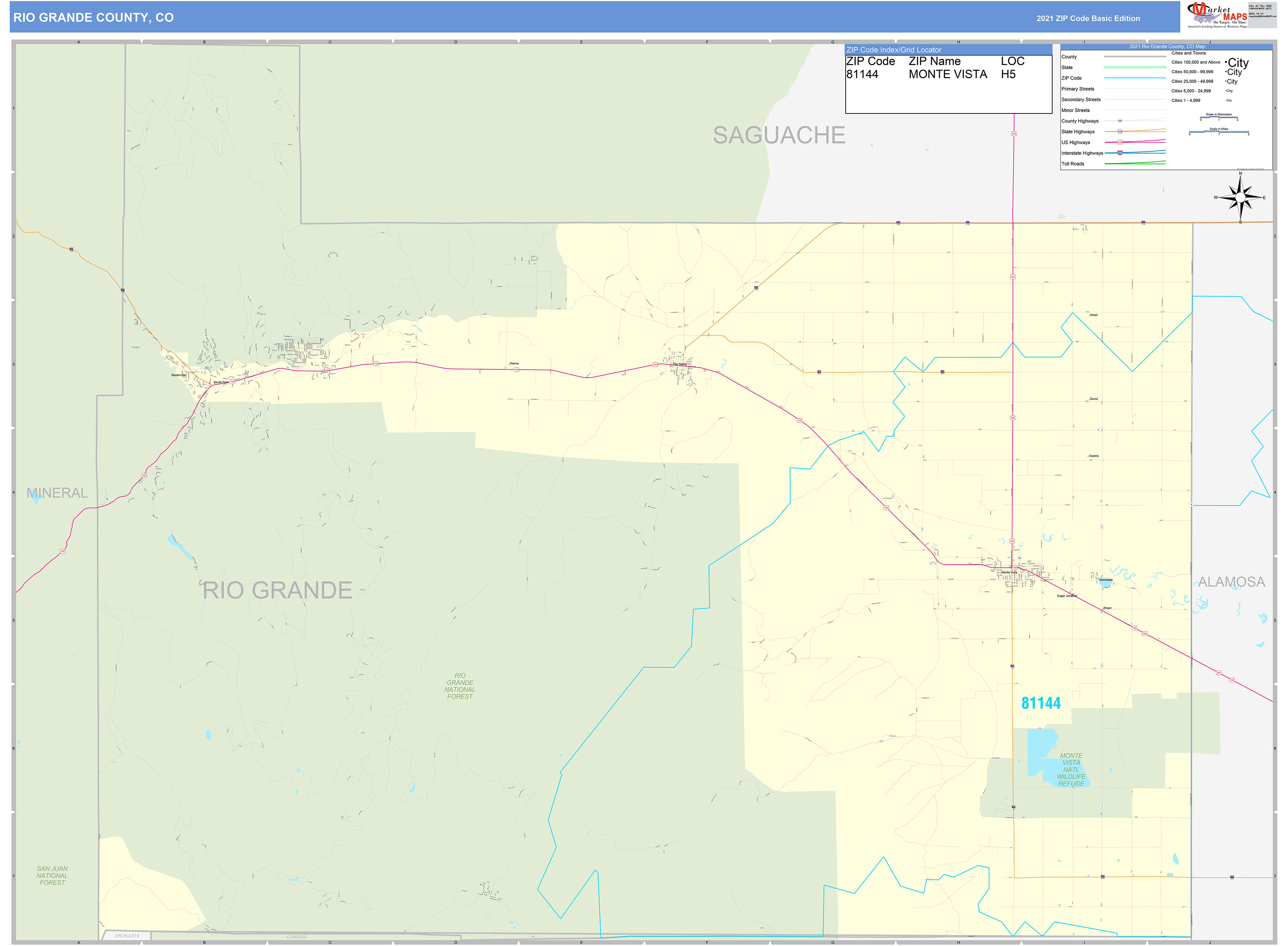 Rio Grande County, CO Zip Code Wall Map Basic Style by MarketMAPS