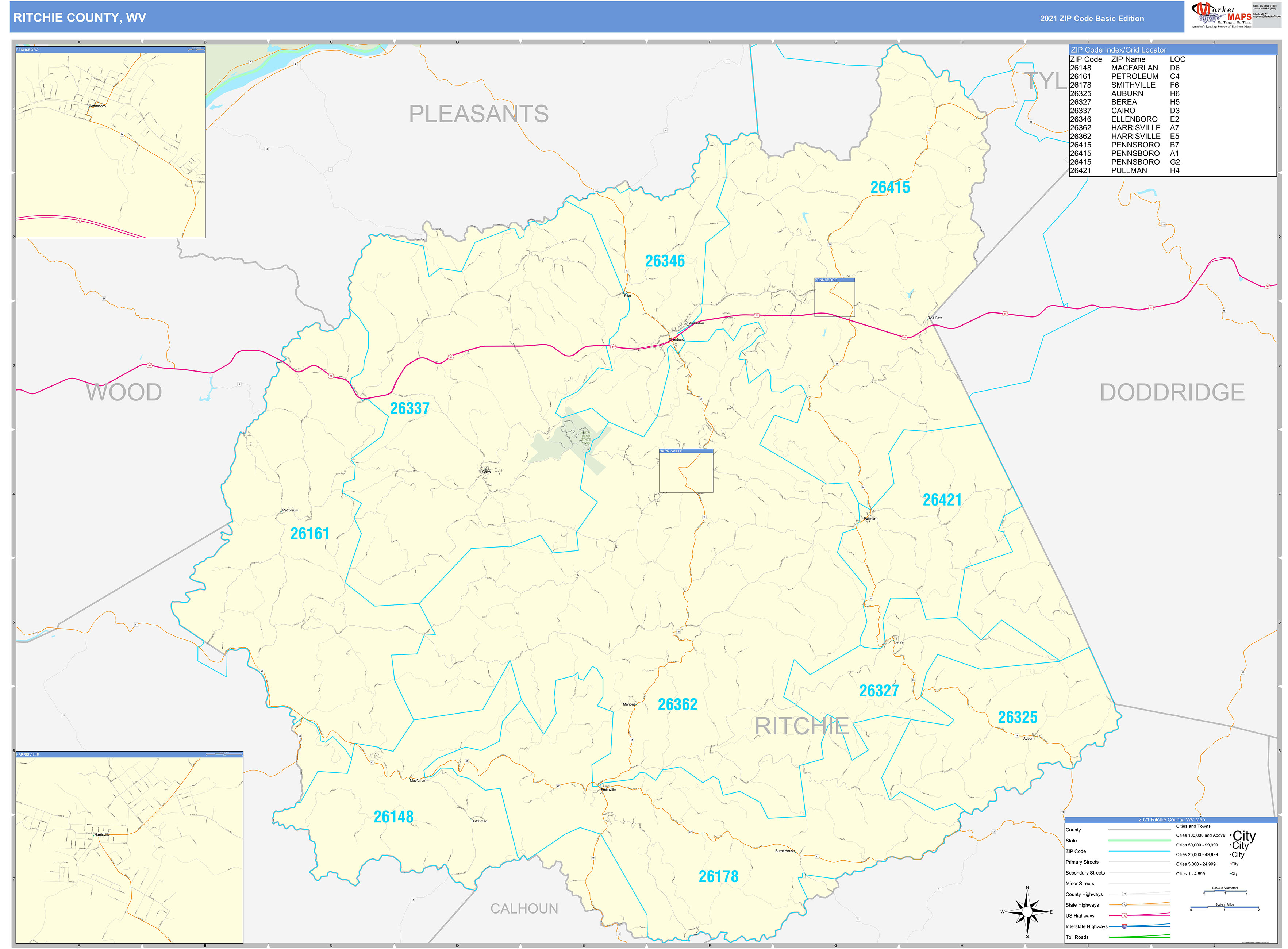 Ritchie County, WV Zip Code Wall Map Basic Style by MarketMAPS - MapSales