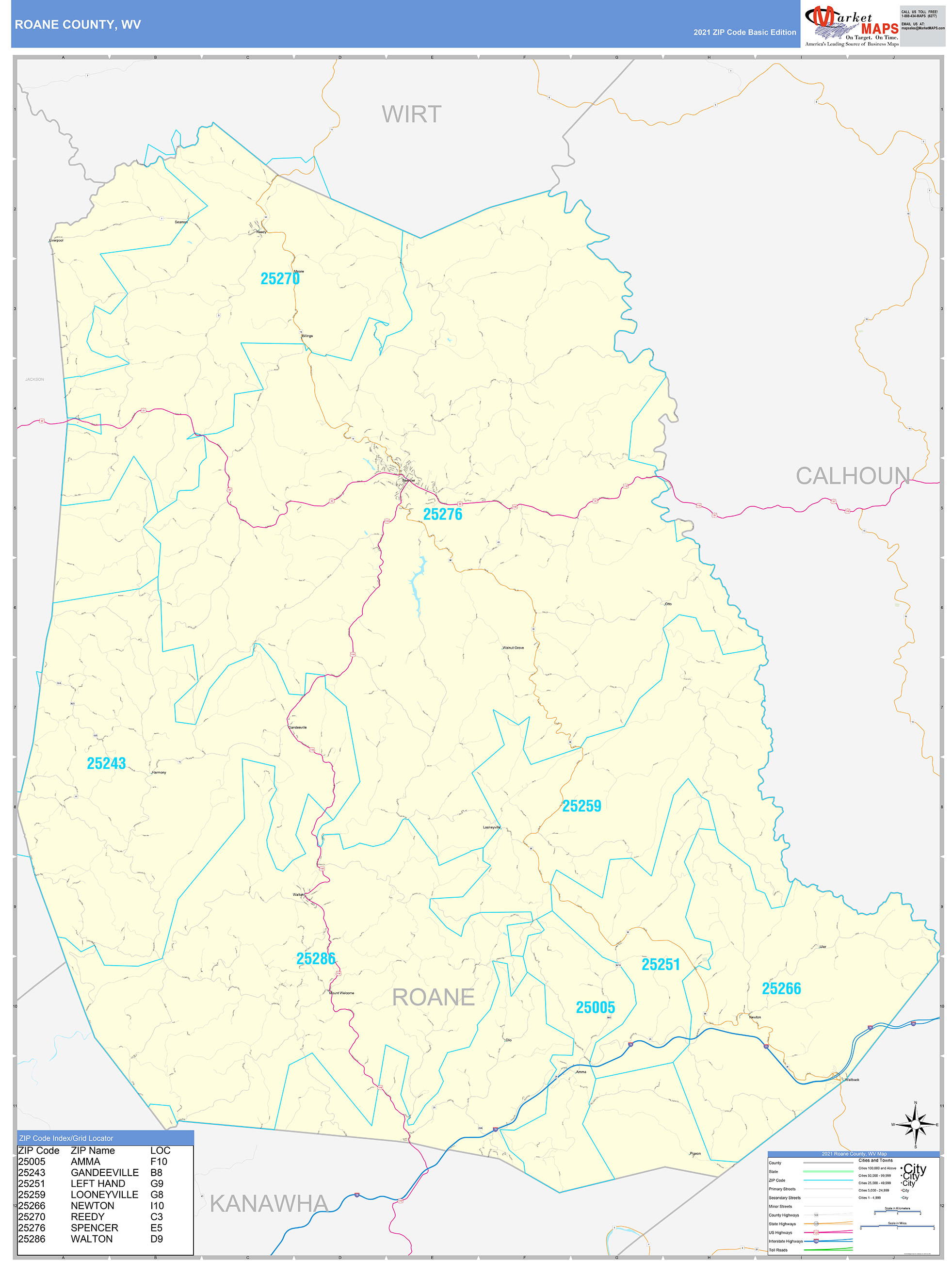 Roane County, WV Zip Code Wall Map Basic Style by MarketMAPS - MapSales