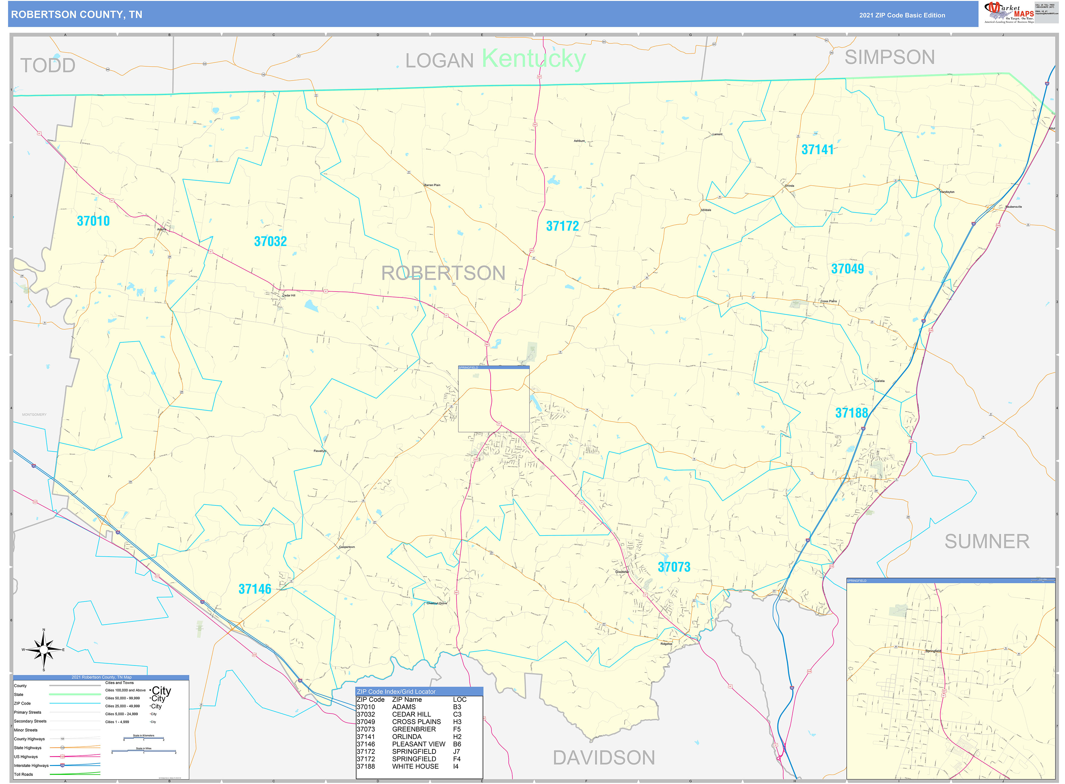 Robertson County, TN Zip Code Wall Map Basic Style by MarketMAPS