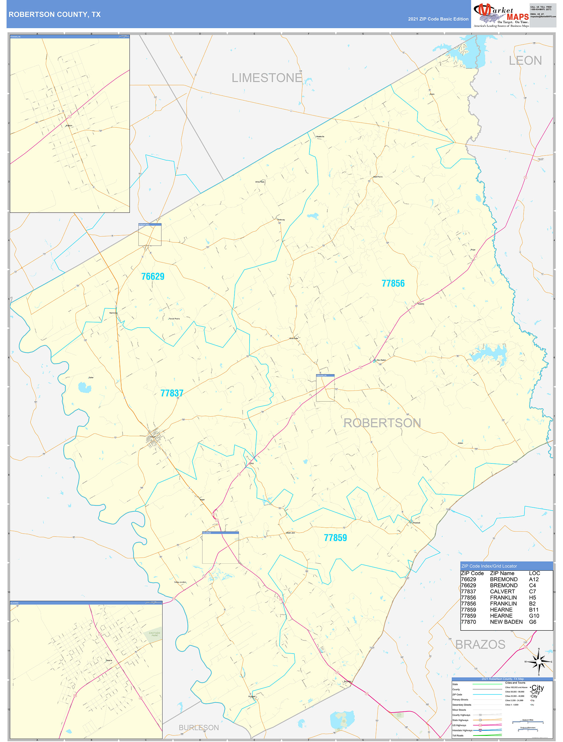 Robertson County, TX Zip Code Wall Map Basic Style by MarketMAPS - MapSales