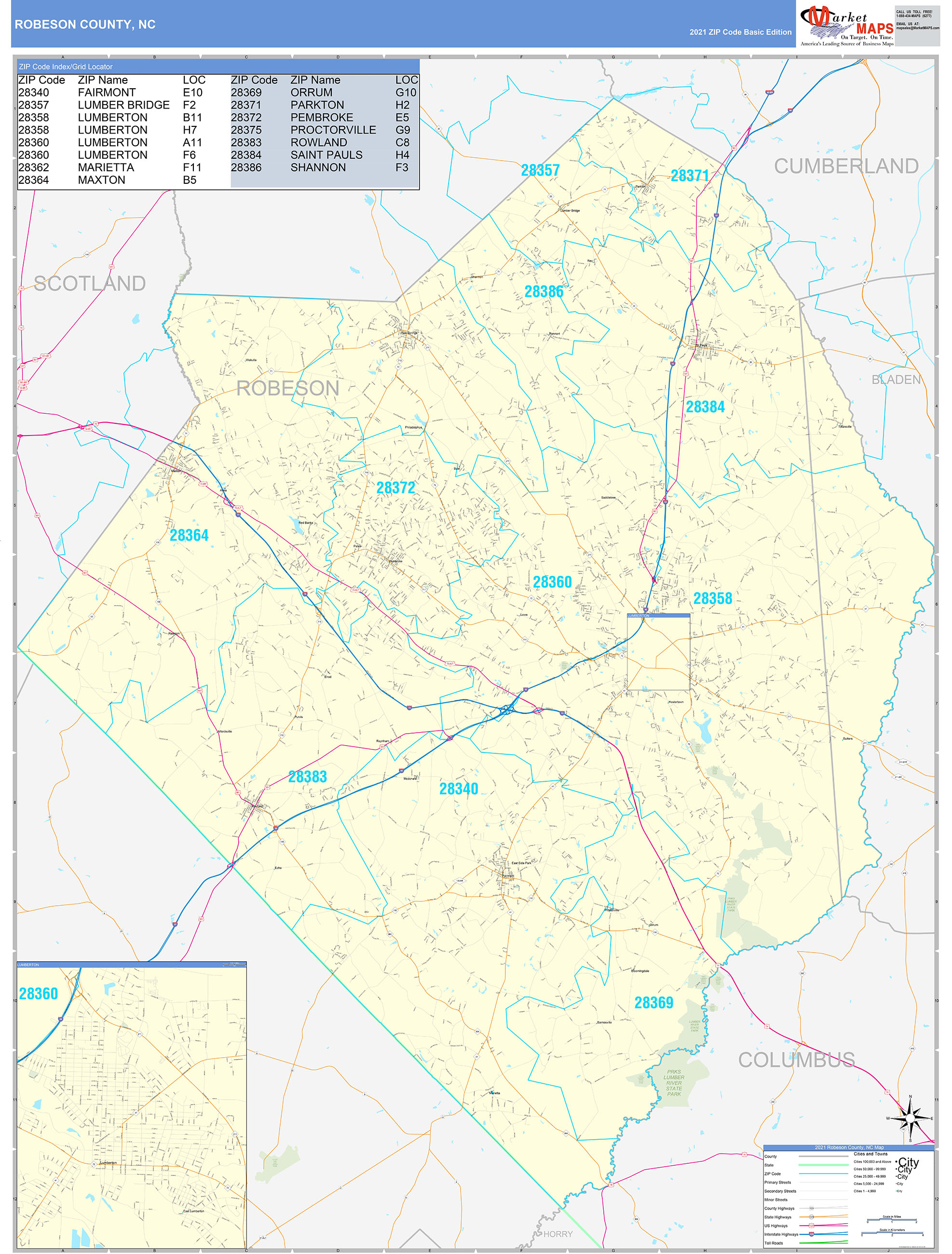 Robeson County, NC Zip Code Wall Map Basic Style by MarketMAPS - MapSales