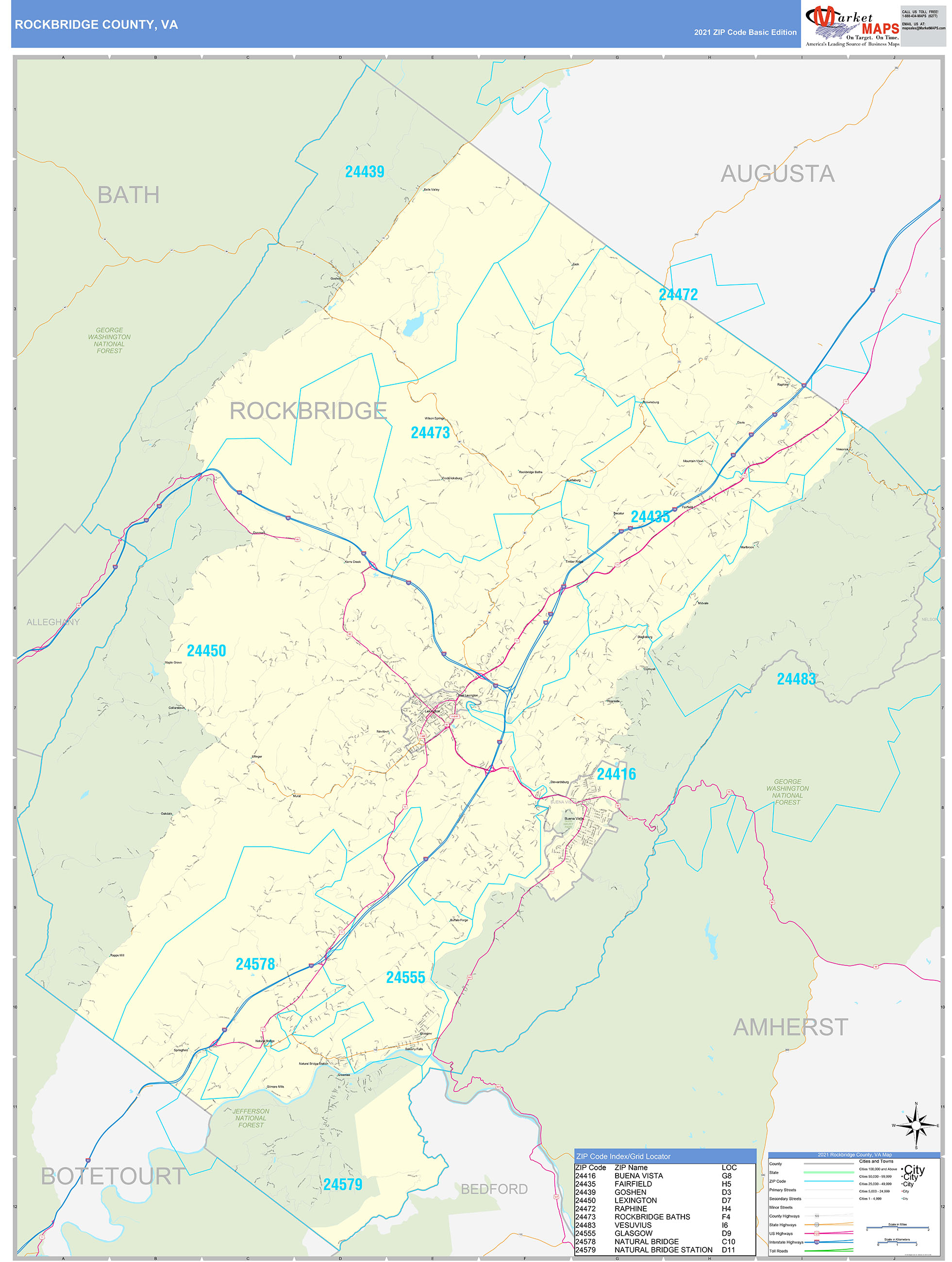 Rockbridge County, VA Zip Code Wall Map Basic Style by MarketMAPS