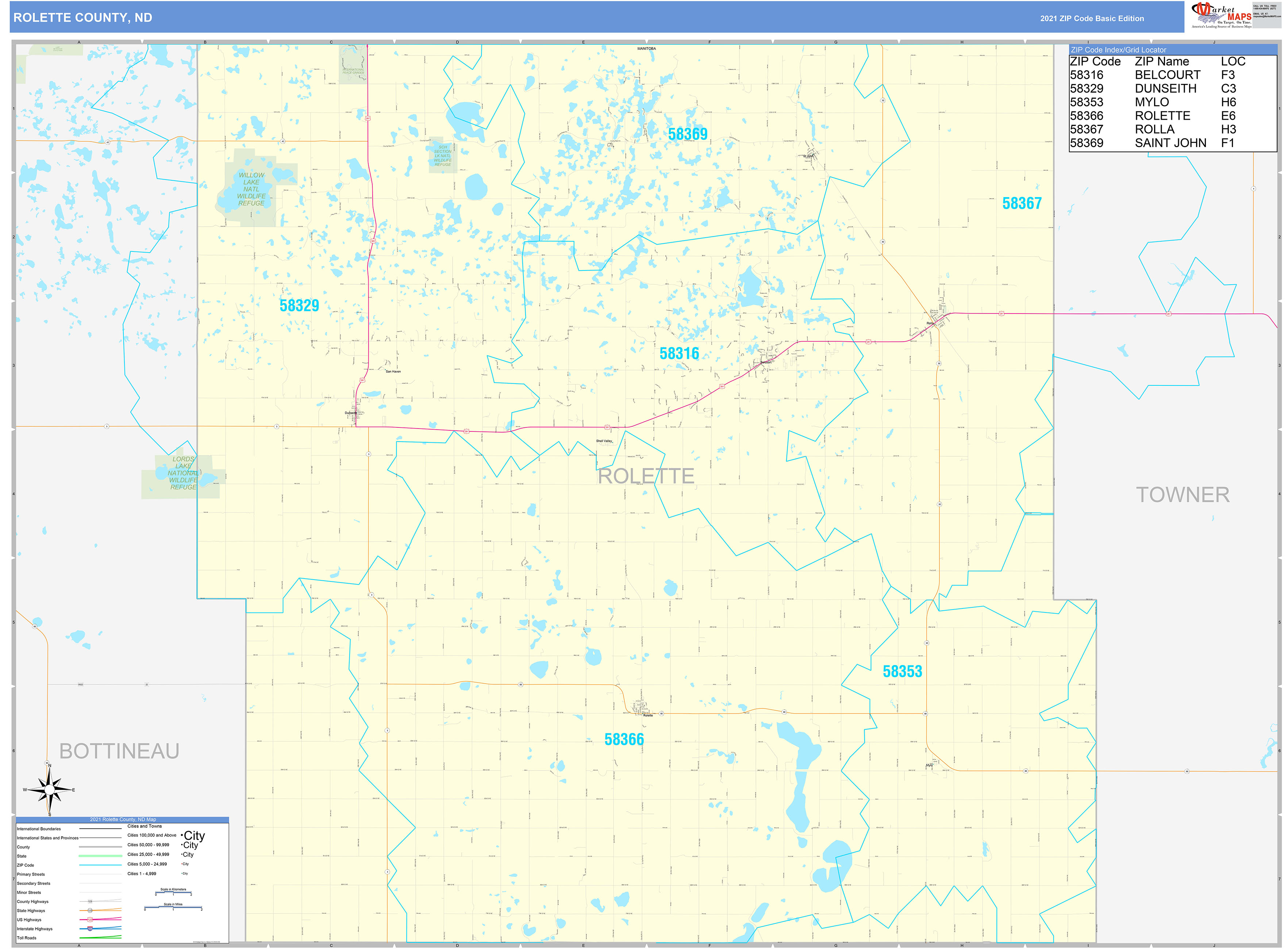 Rolette County, ND Zip Code Wall Map Basic Style by MarketMAPS - MapSales