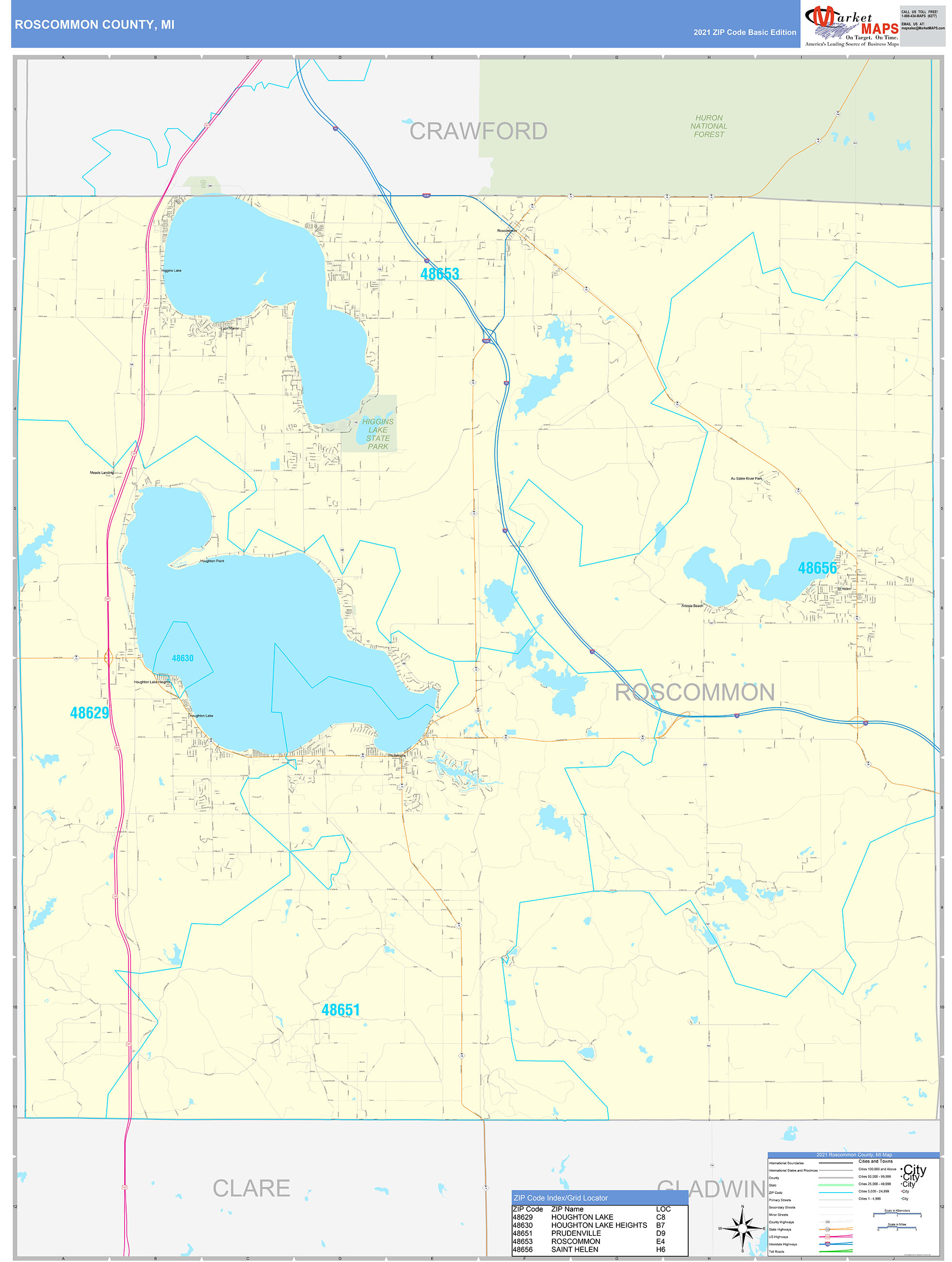 Roscommon County MI Zip Code Wall Map Basic Style By MarketMAPS   Roscommon MI 